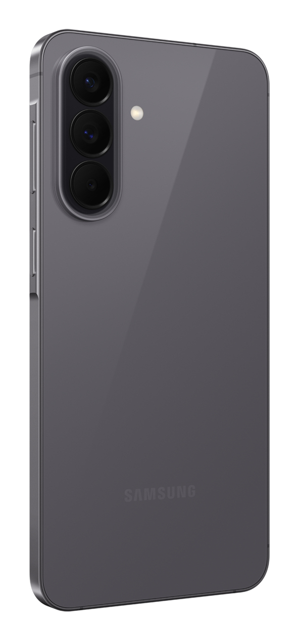 Vista posteriore di uno smartphone Samsung grigio con tre fotocamere e flash.