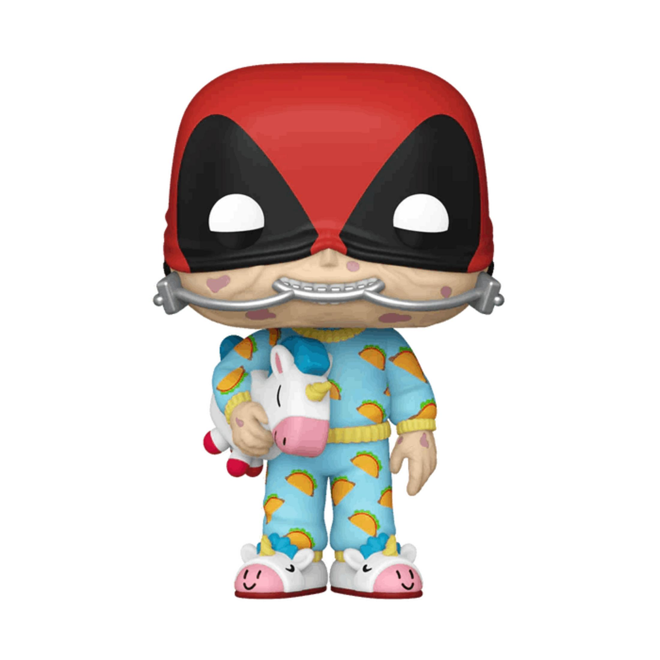 Action figure Deadpool in pigiama blu con taco e pantofole unicorno, tiene un unicorno.