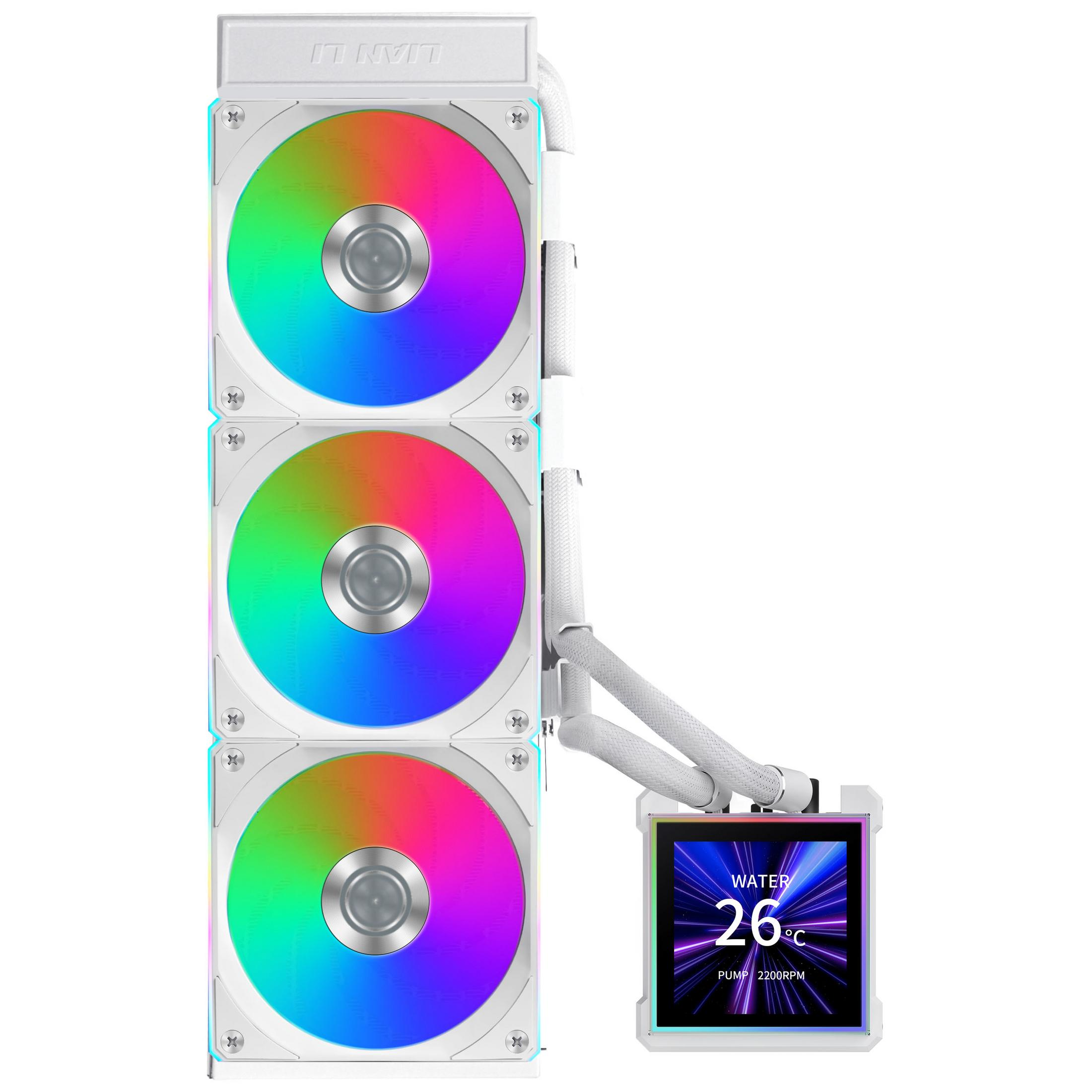 Un dissipatore CPU a liquido bianco con tre ventole RGB e uno schermo che mostra "ACQUA 26°C POMPA 2200RPM"