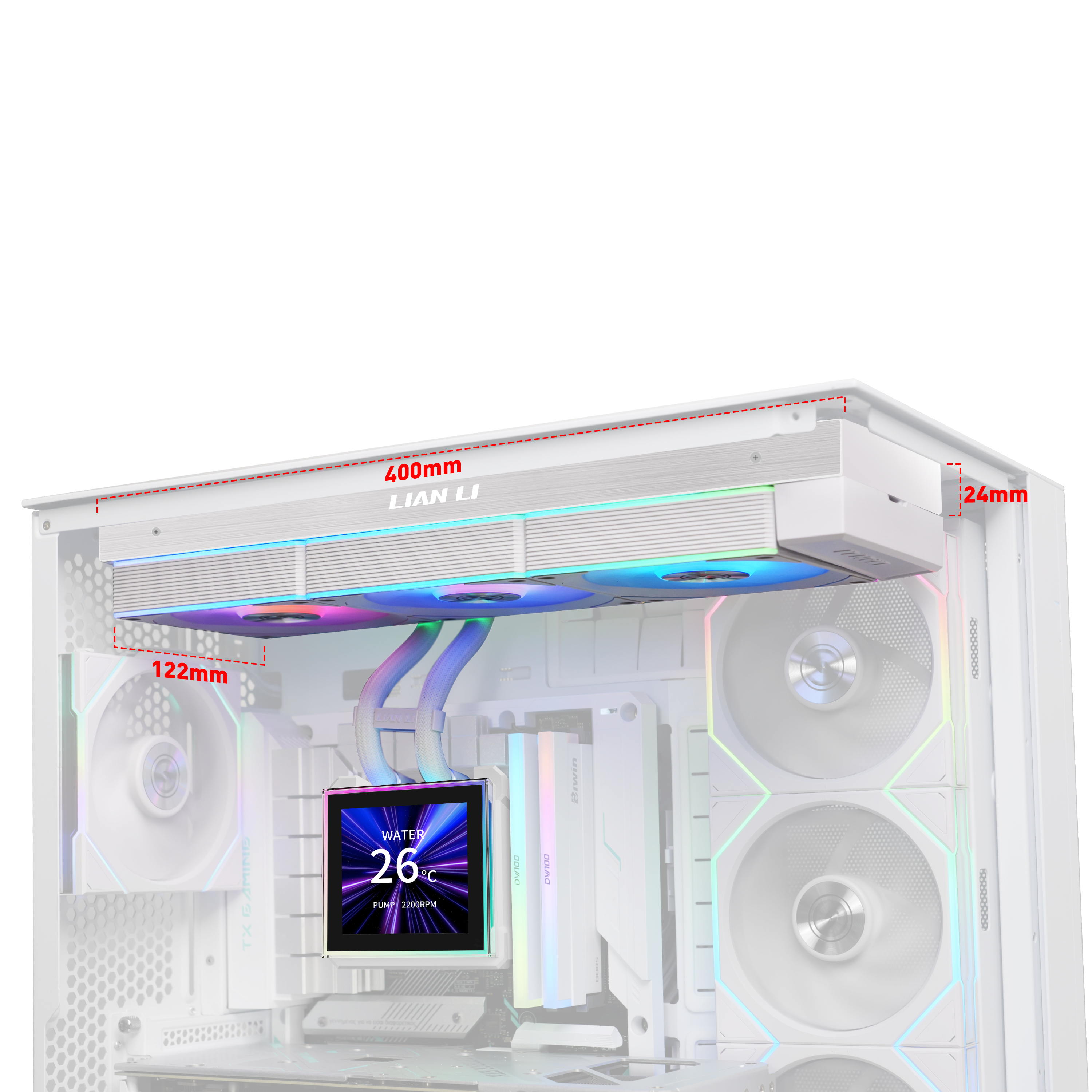 Un case per computer bianco con ventole, illuminazione RGB e un piccolo schermo.