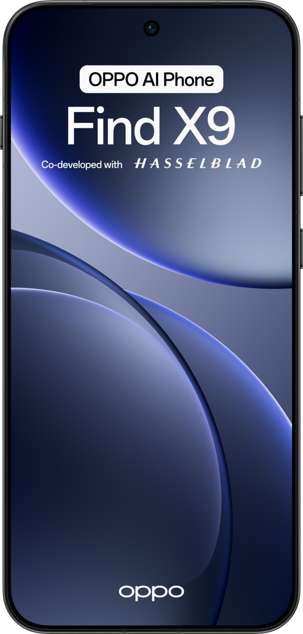 Un telefono AI OPPO Find X9 con collaborazione Hasselblad su sfondo scuro.