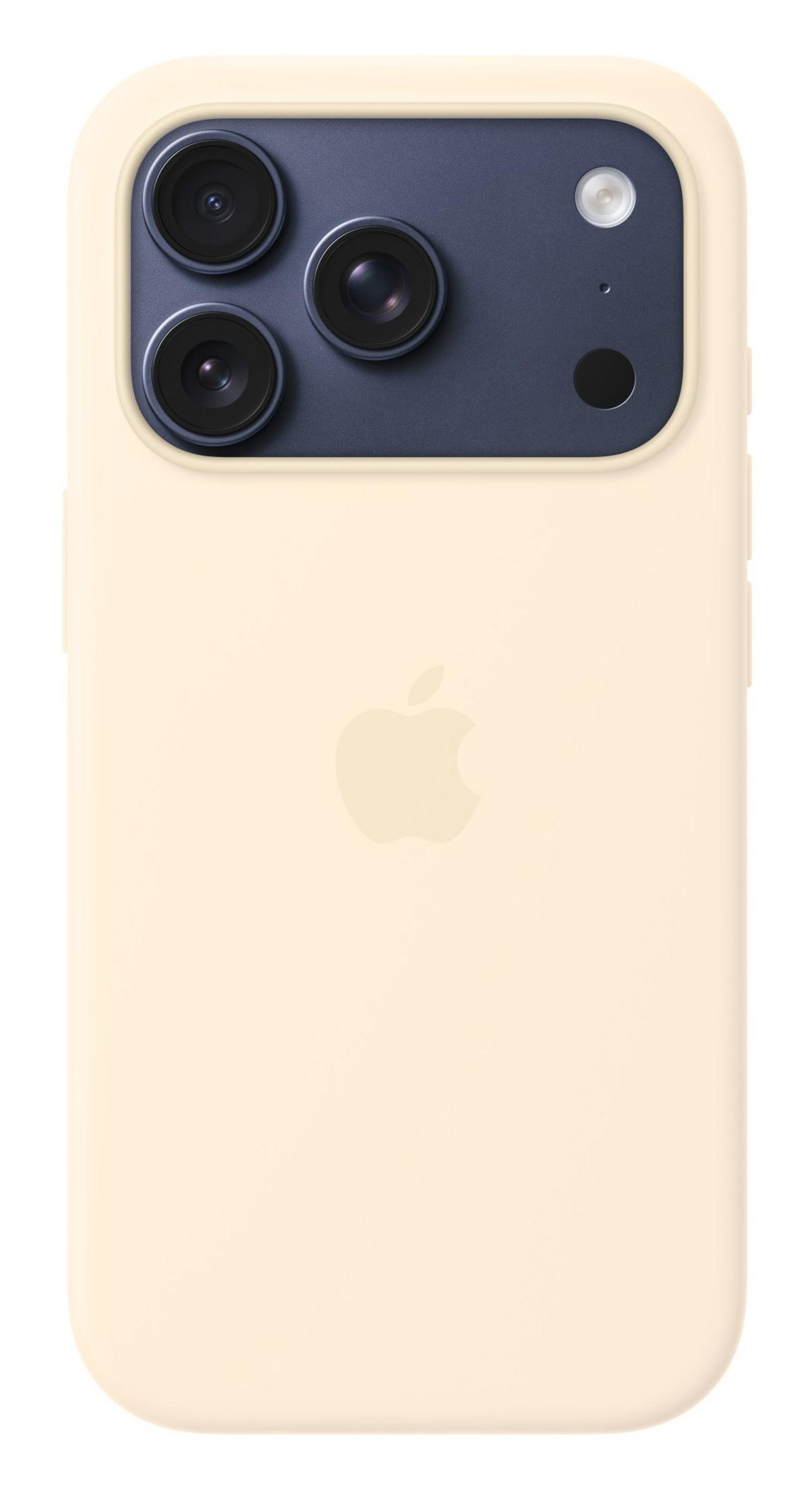 Ein hellgelbes iPhone mit einem dunklen Kameramodul und drei Linsen.