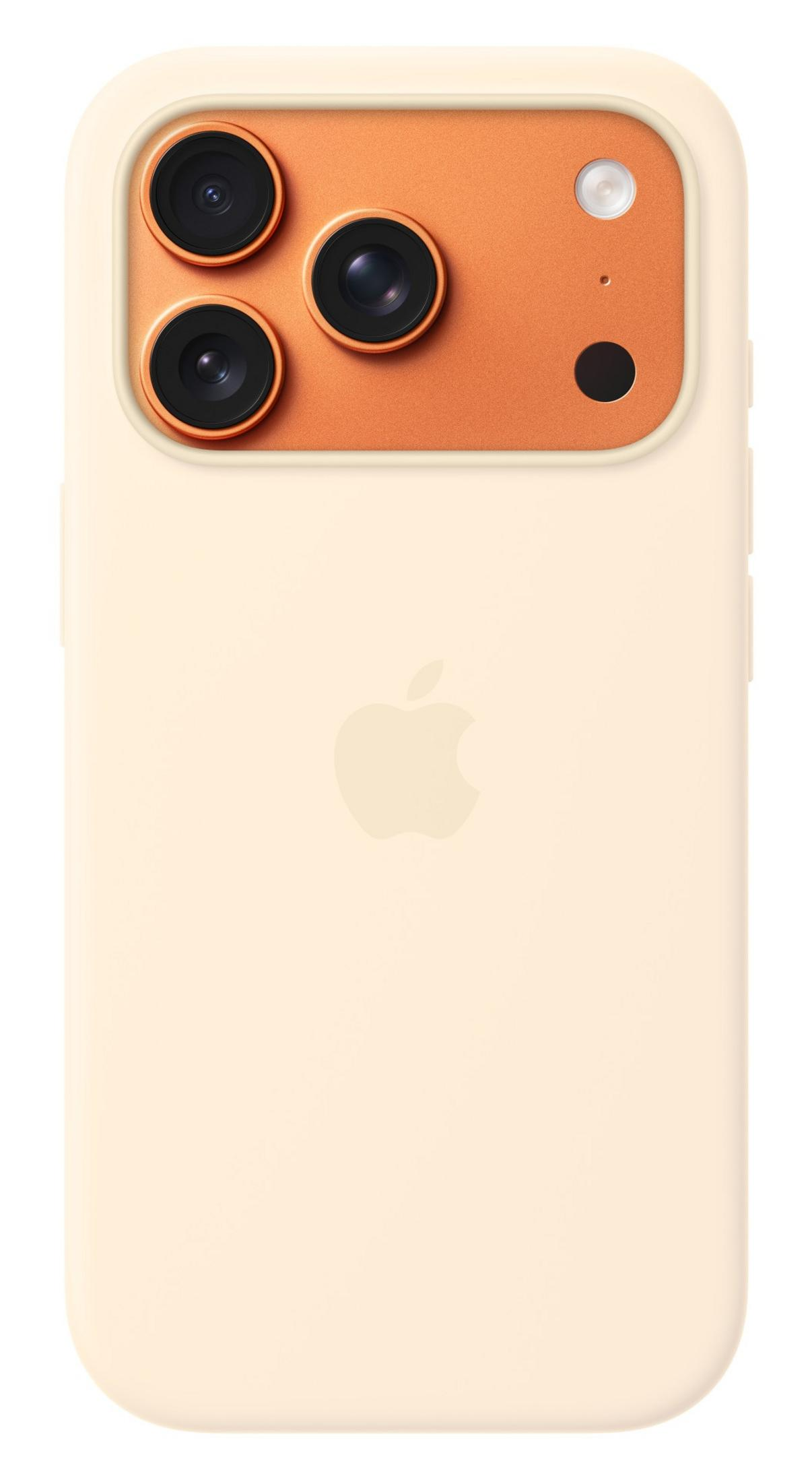 Ein hellgelbes iPhone mit einem orangefarbenen Kameramodul mit drei Linsen und einem Apple-Logo.