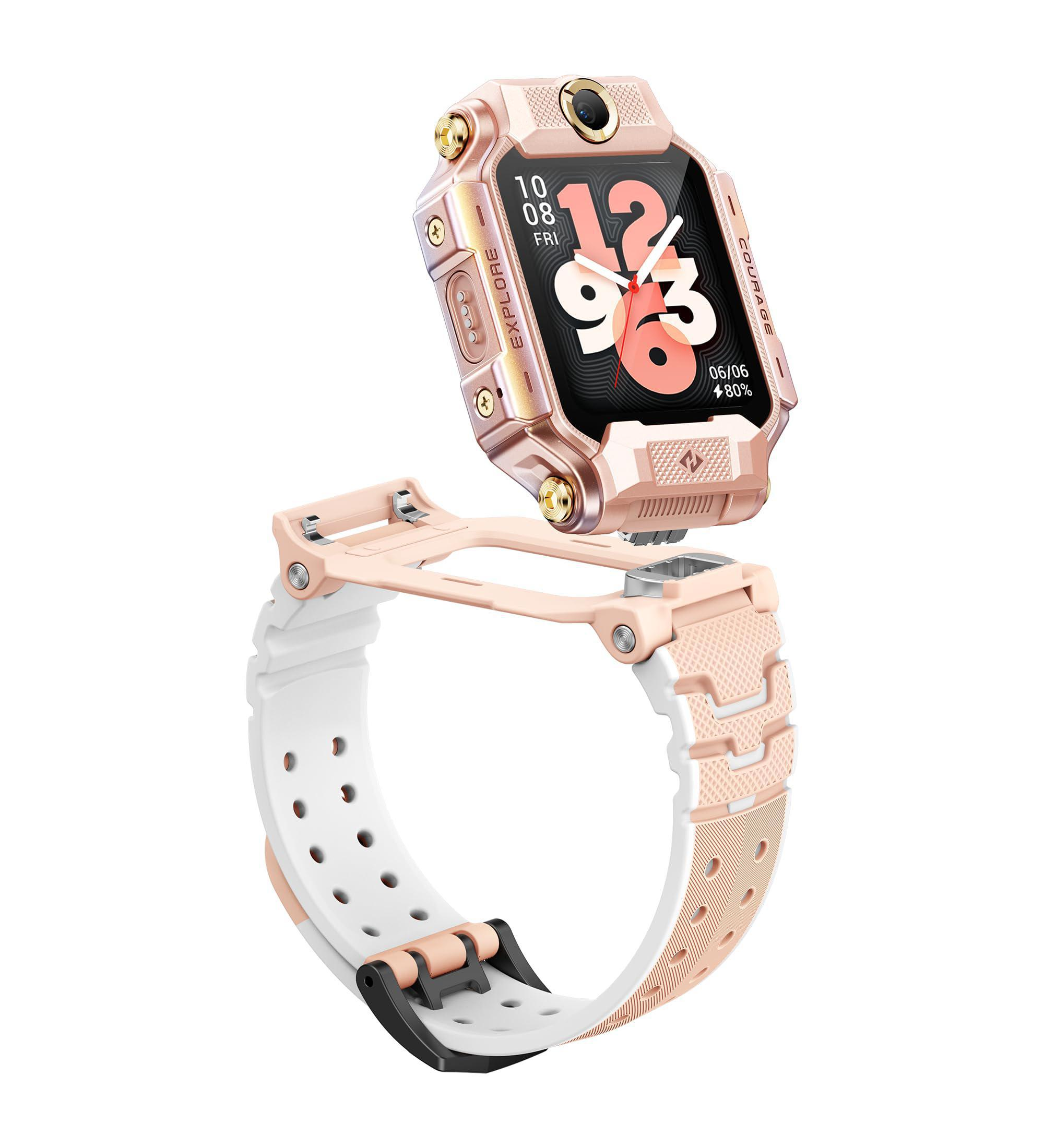 Ein roségoldenes Smartwatch-Gehäuse mit einem weißen und roségoldenen Armband.