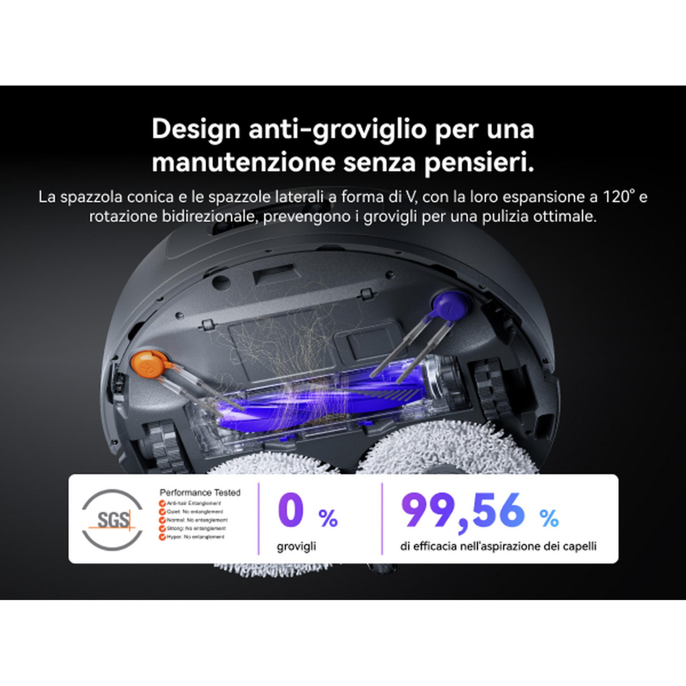 Dolaşma önleyici tasarımlı robot süpürge, %0 dolaşma, %99,56 saç temizleme verimliliği.