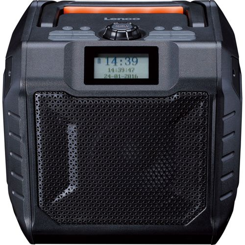 Schwarzes Lenco-Radio mit orangefarbenem Tragegriff und Digitalanzeige für Uhrzeit und Datum.