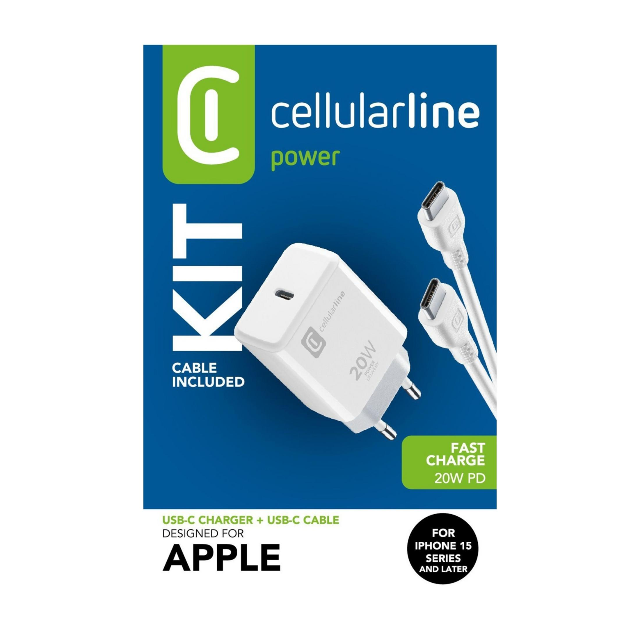 Ein weißes USB-C-Ladegerät und Kabel von Cellularline für iPhone 15.