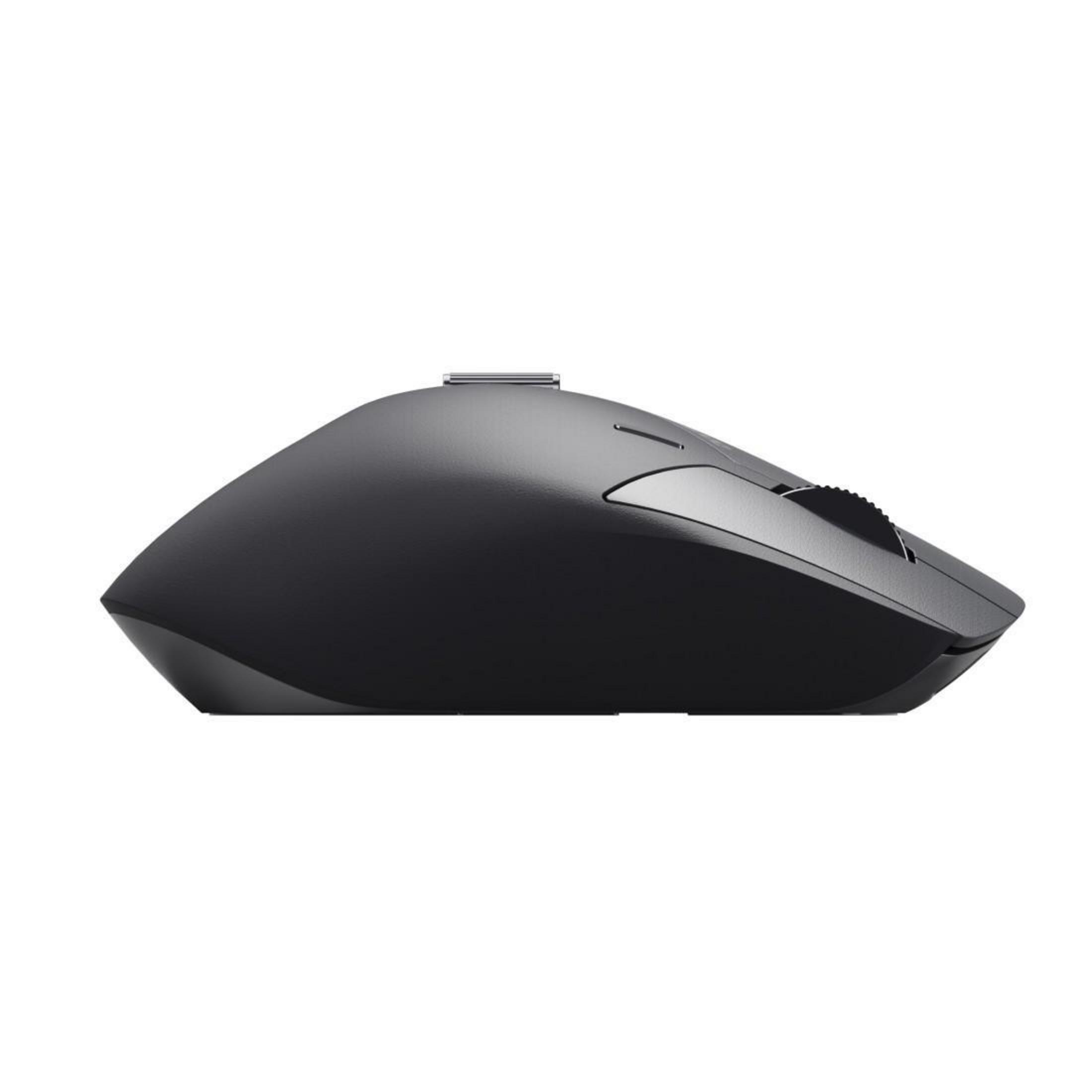 Mouse del computer nero, vista laterale, con rotella e pulsanti.