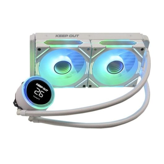 Refrigerador lquido blanco para PC con dos ventiladores y pantalla digital mostrando 26C.