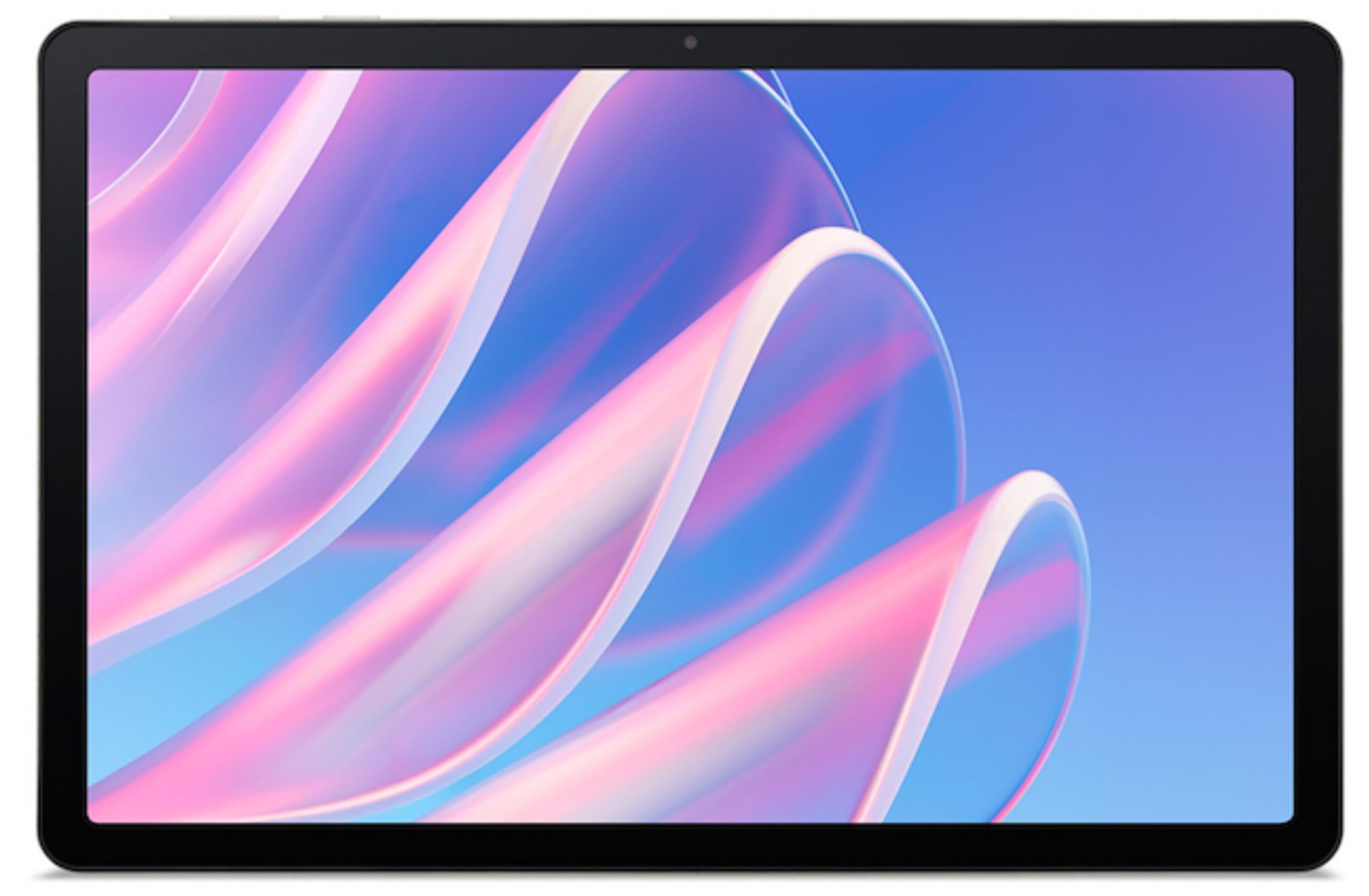 Una tableta negra que muestra un fondo abstracto de cintas rosas y azules.