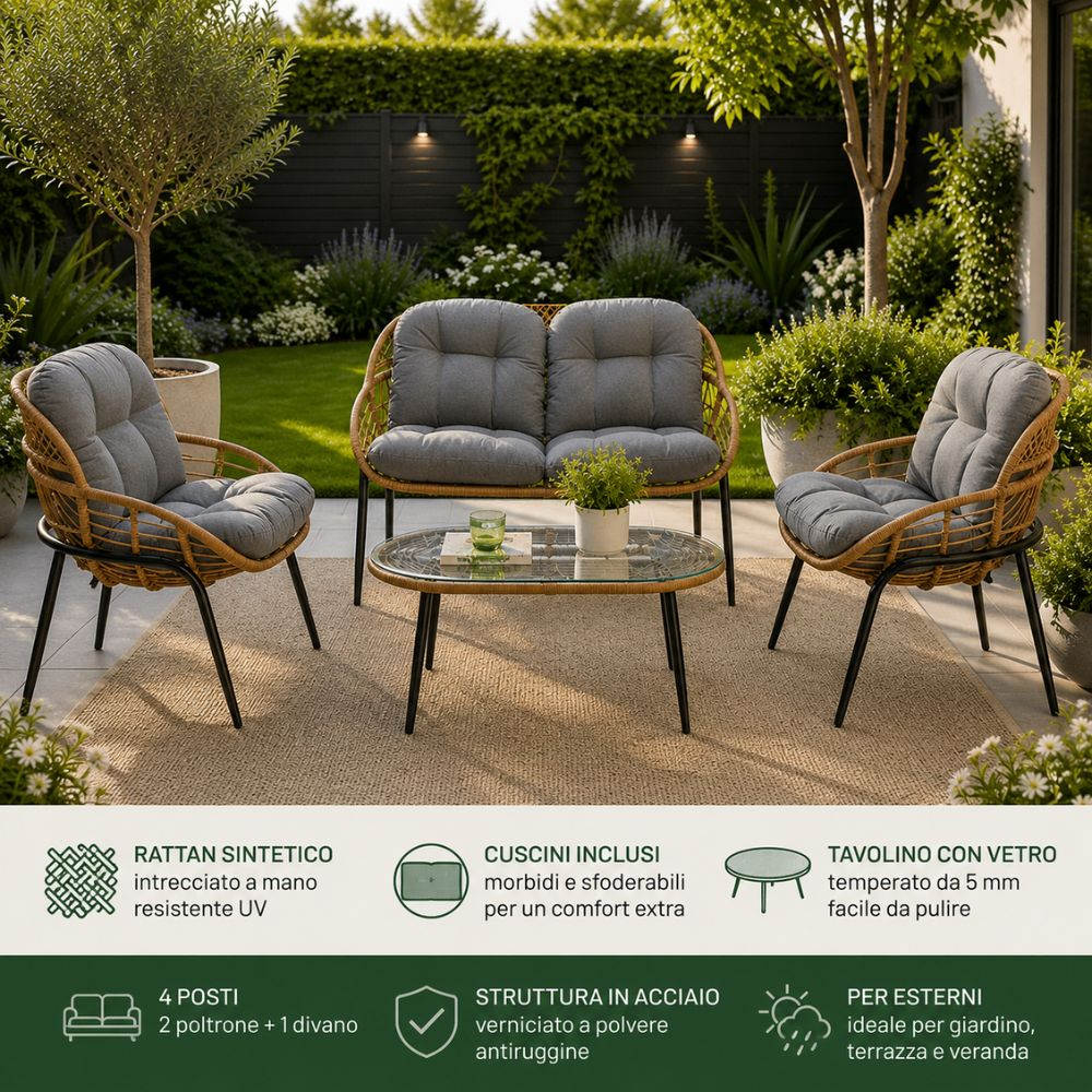 Set mobili da giardino in rattan con cuscini grigi e tavolino.