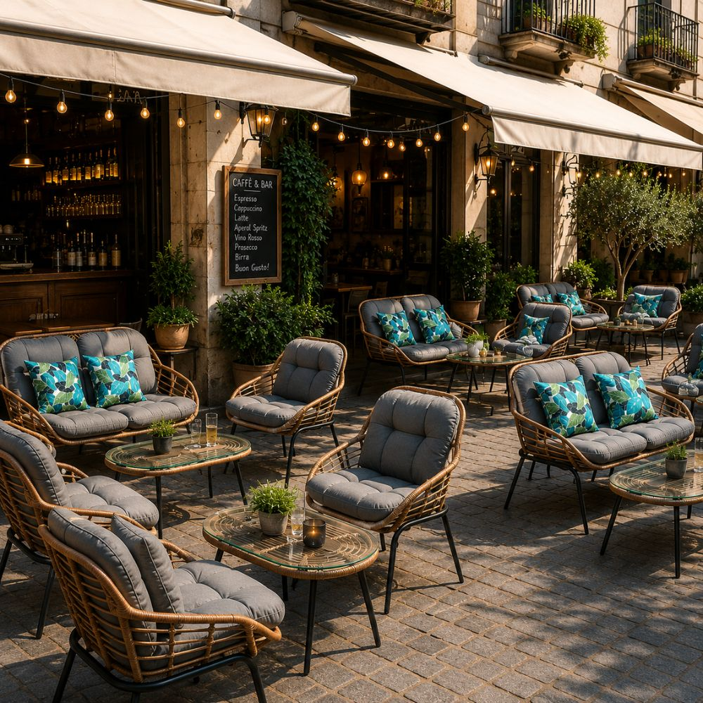 Un bar con un'area salotto all'aperto e tavoli.