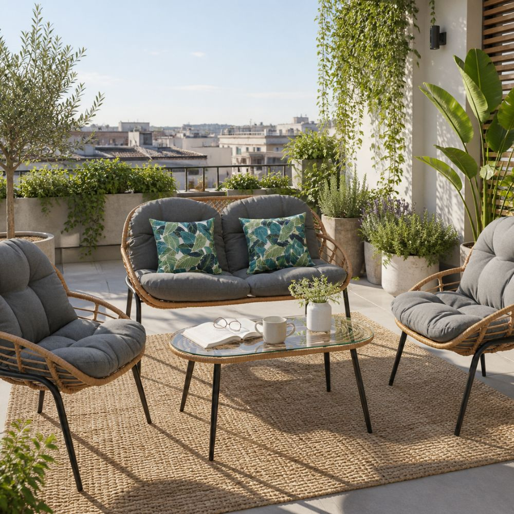 Arredo balcone con divanetto, sedie, tavolino in vetro, cuscini a foglia, piante e vista sulla città.