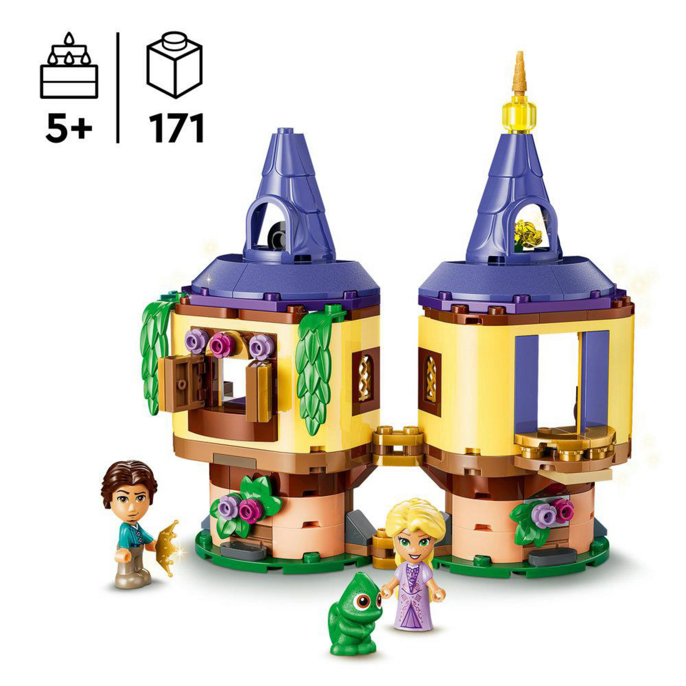 Due torri con tetti viola, figure Rapunzel, Flynn e Pascal. Età 5+, 171 pezzi.