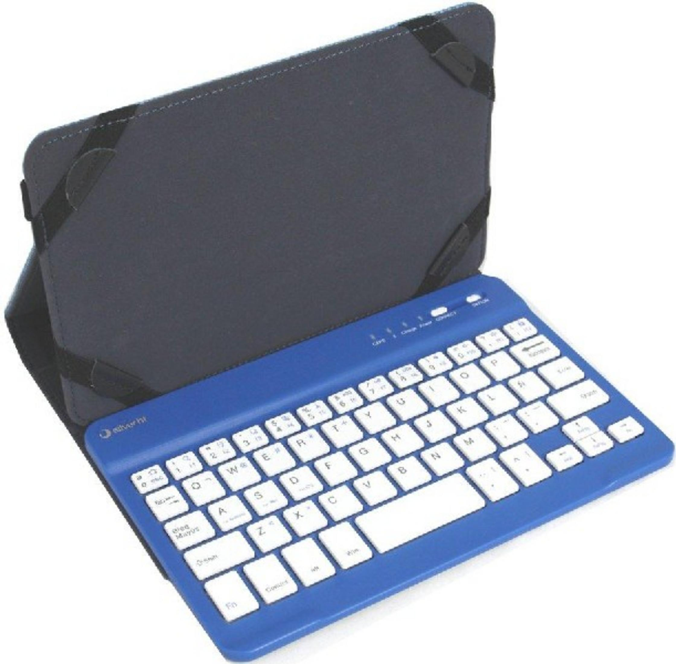 Teclado azul con teclas blancas y funda gris para tableta.