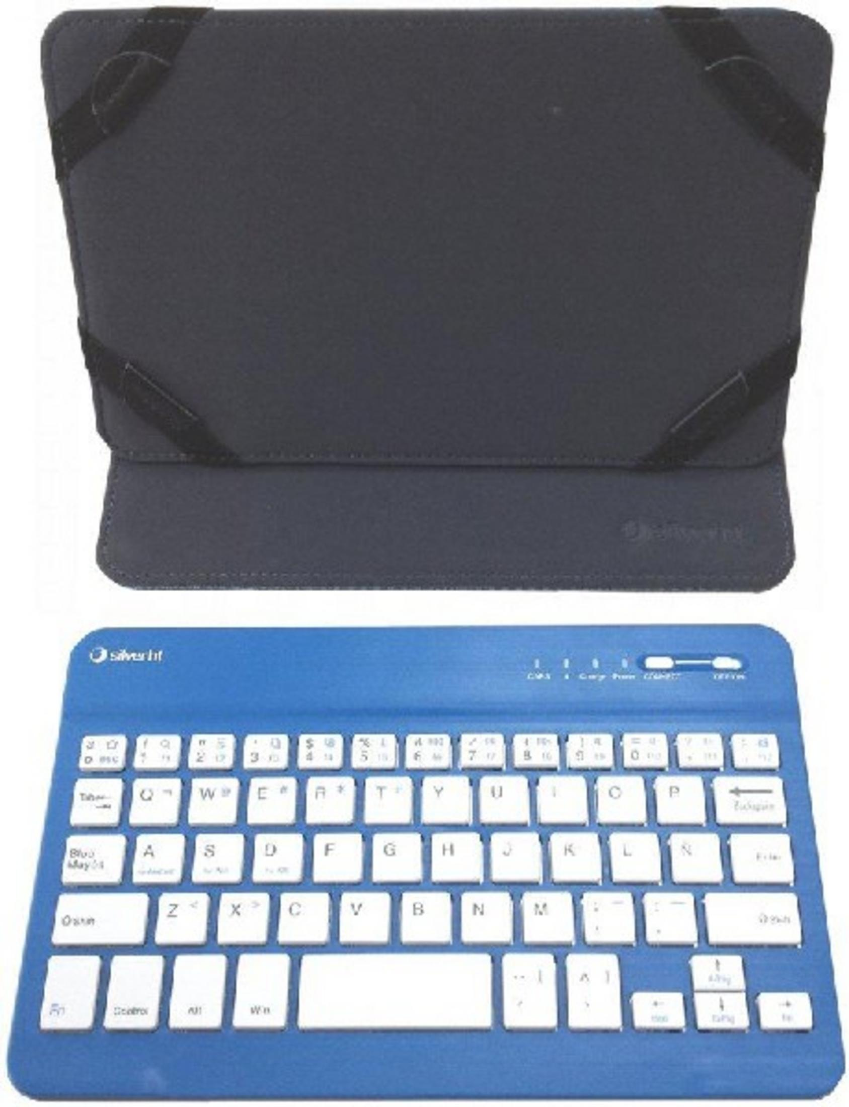 Un teclado azul y una funda oscura para tableta con correas negras.