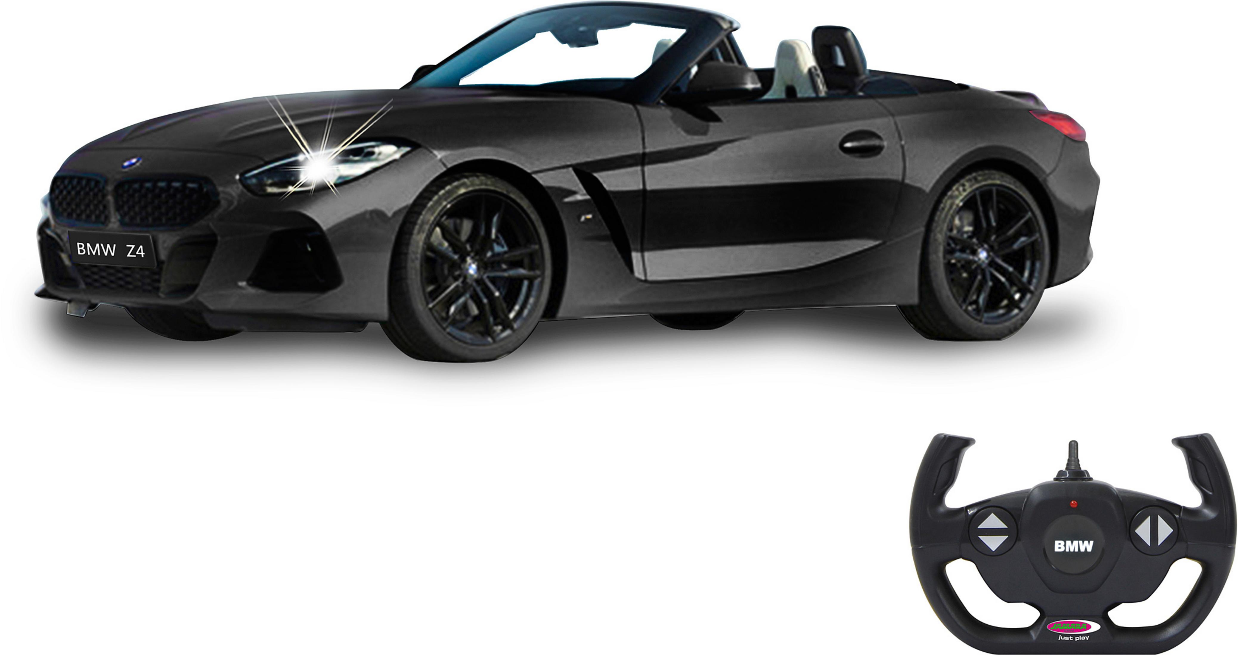 Schwarzer BMW Z4 mit Fernbedienung auf weißem Hintergrund.