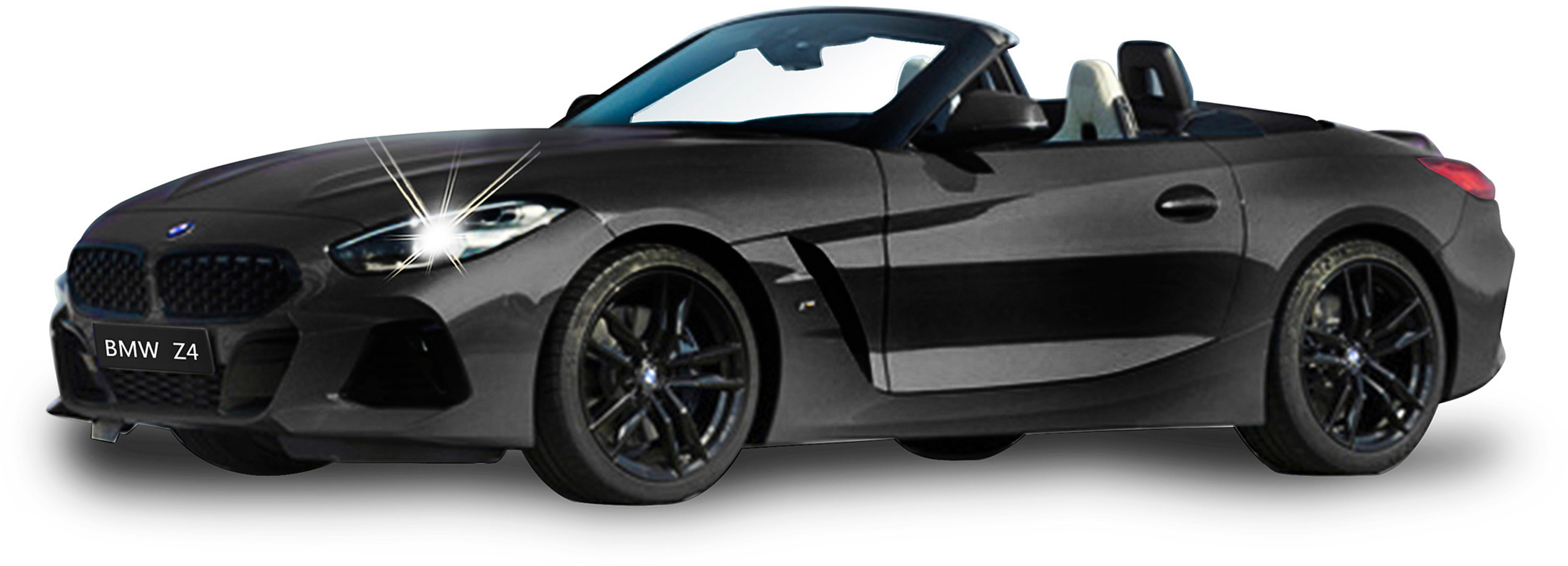 Schwarzer BMW Z4 Roadster mit geöffnetem Verdeck, schwarze Felgen, weiße Sitze.
