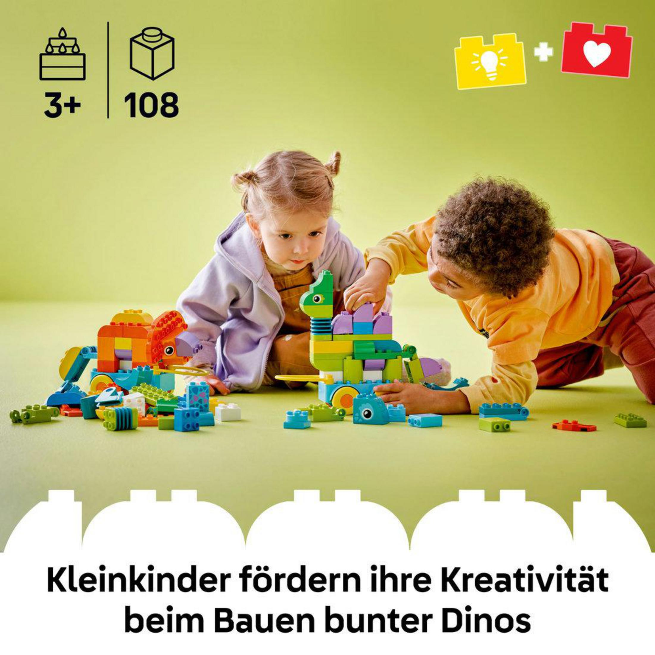 Dzieci budują kolorową zabawkę dinozaura. Wiek 3+, 108 elementów.