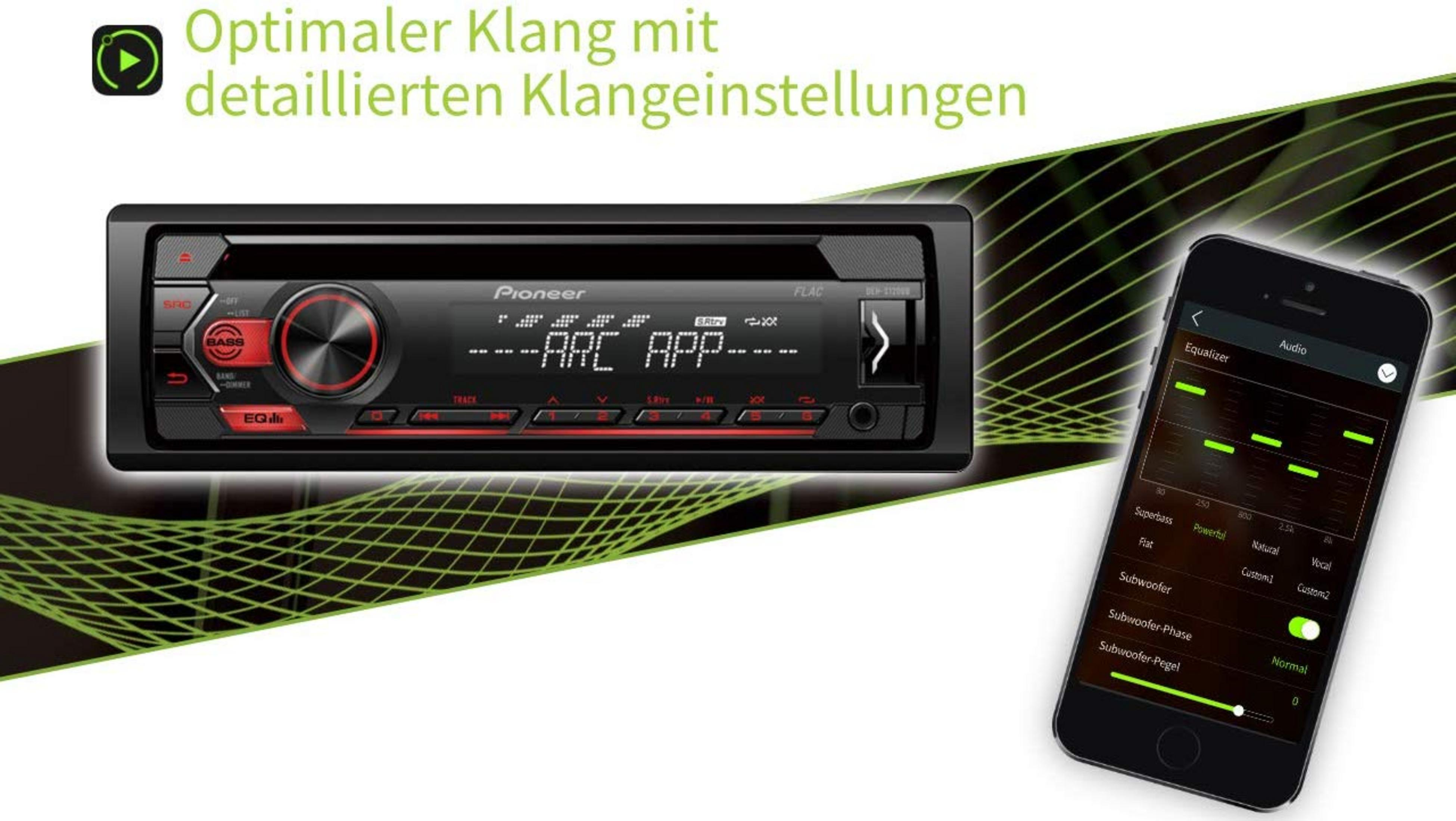 Ein Pioneer Autoradio und ein Smartphone mit Equalizer-App.