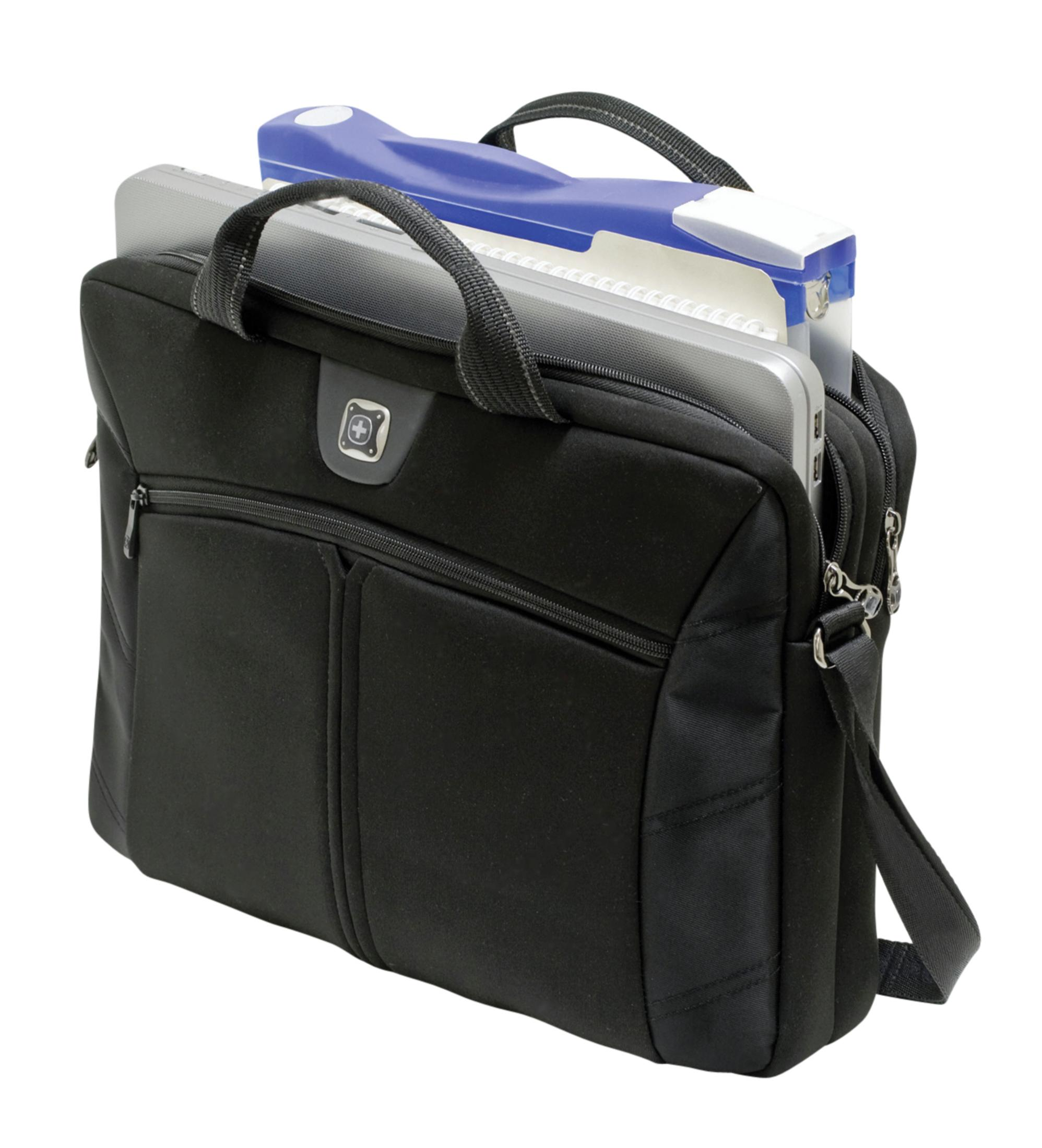 Sacoche noire avec ordinateur portable argenté et porte-documents bleu.