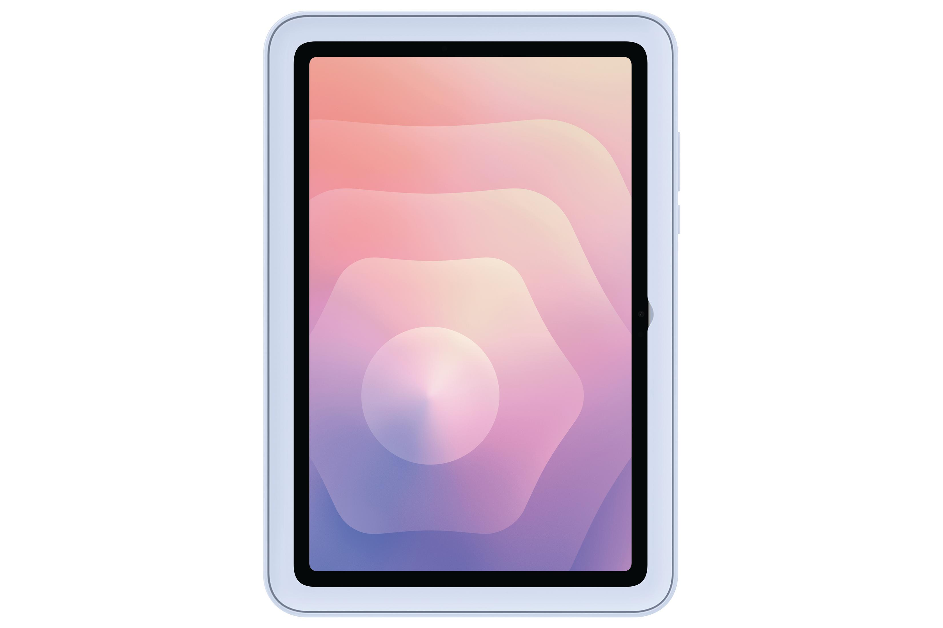 Un tablet azzurro mostra uno sfondo astratto e colorato sullo schermo.