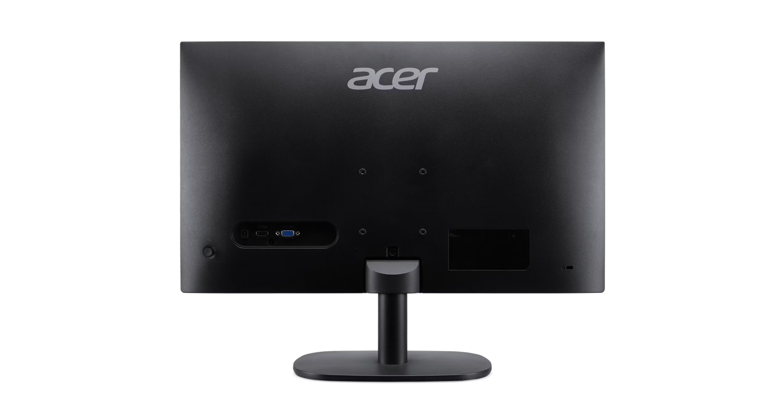 Bağlantı noktaları ve standı olan siyah Acer monitörün arka görünümü.