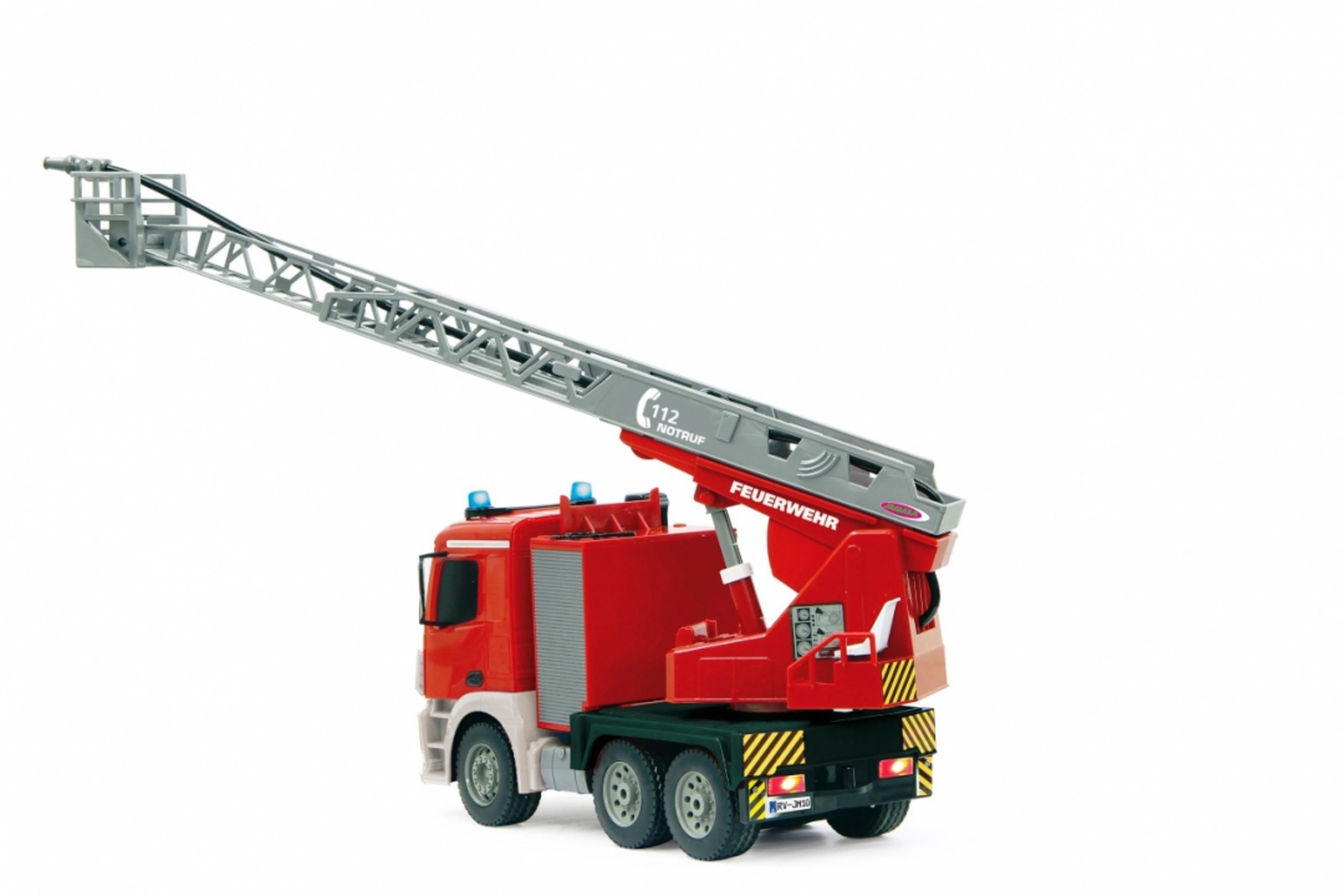 Red fire engine with extended ladder arm, standing on a white background.