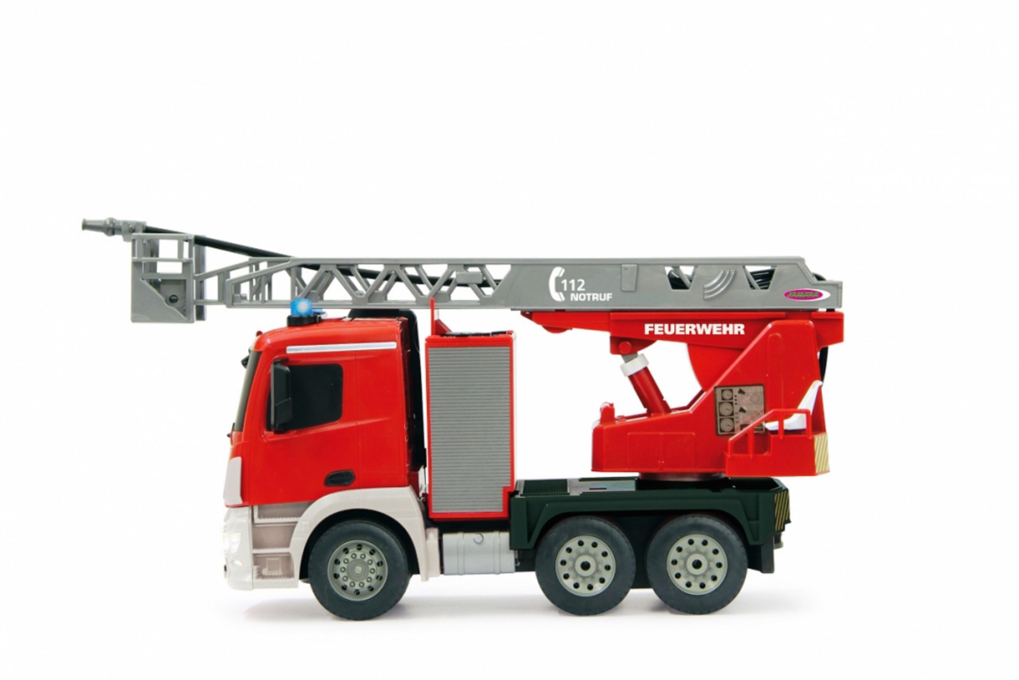 Red fire truck with an extendable ladder on a white background.