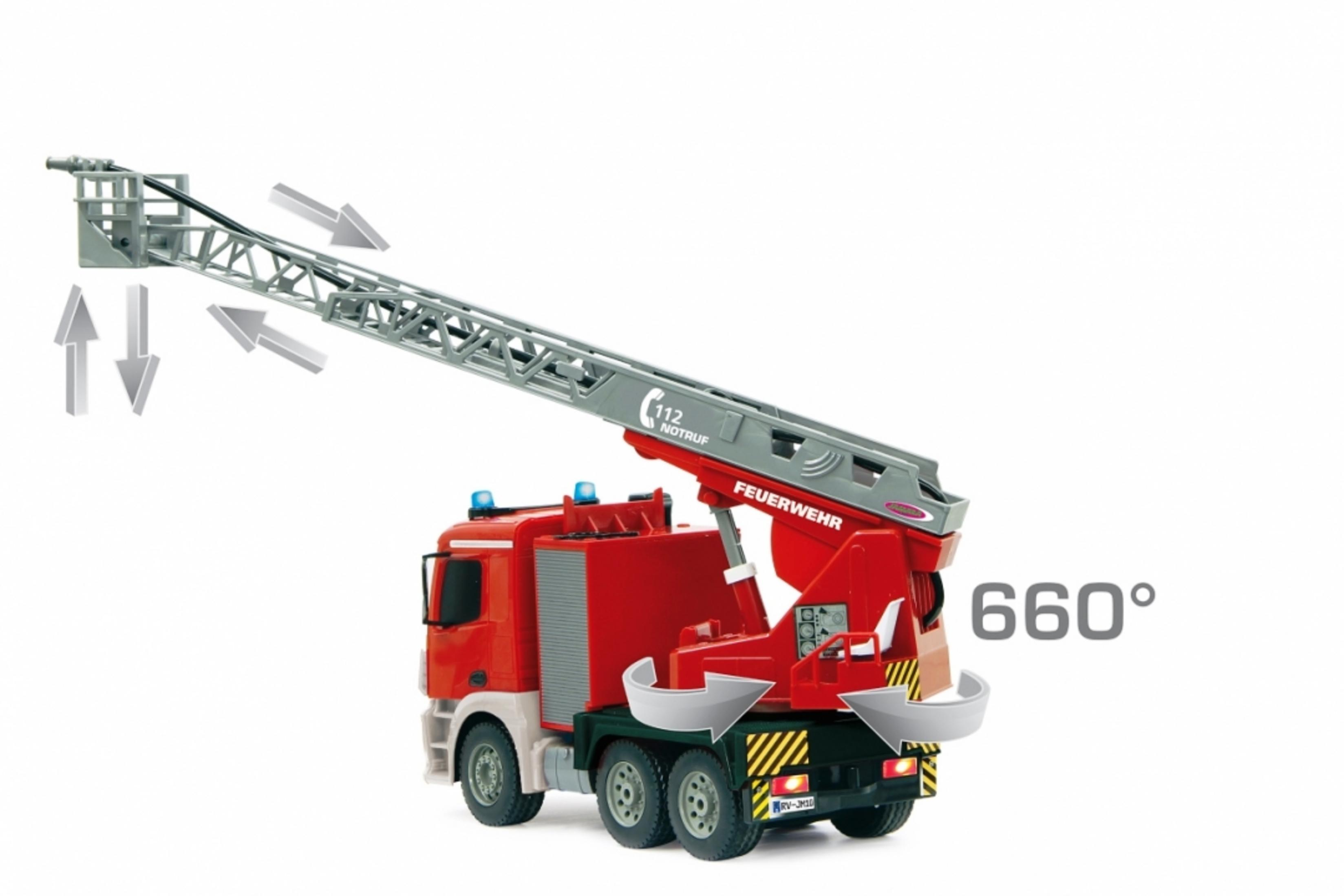 Red fire truck with extendable ladder and arrows indicating movement.