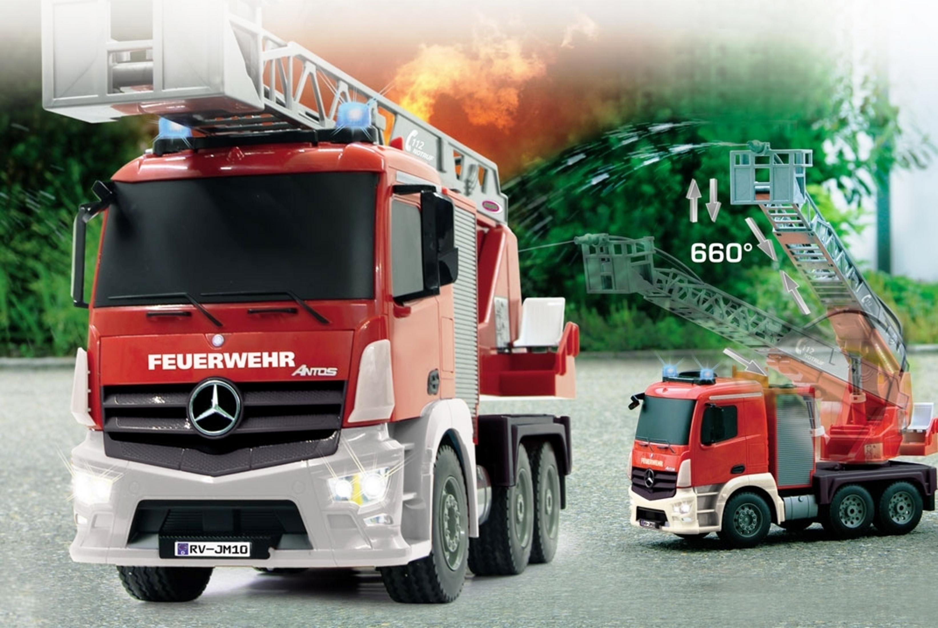 Two red fire trucks with extended ladders and blue lights against a green background.