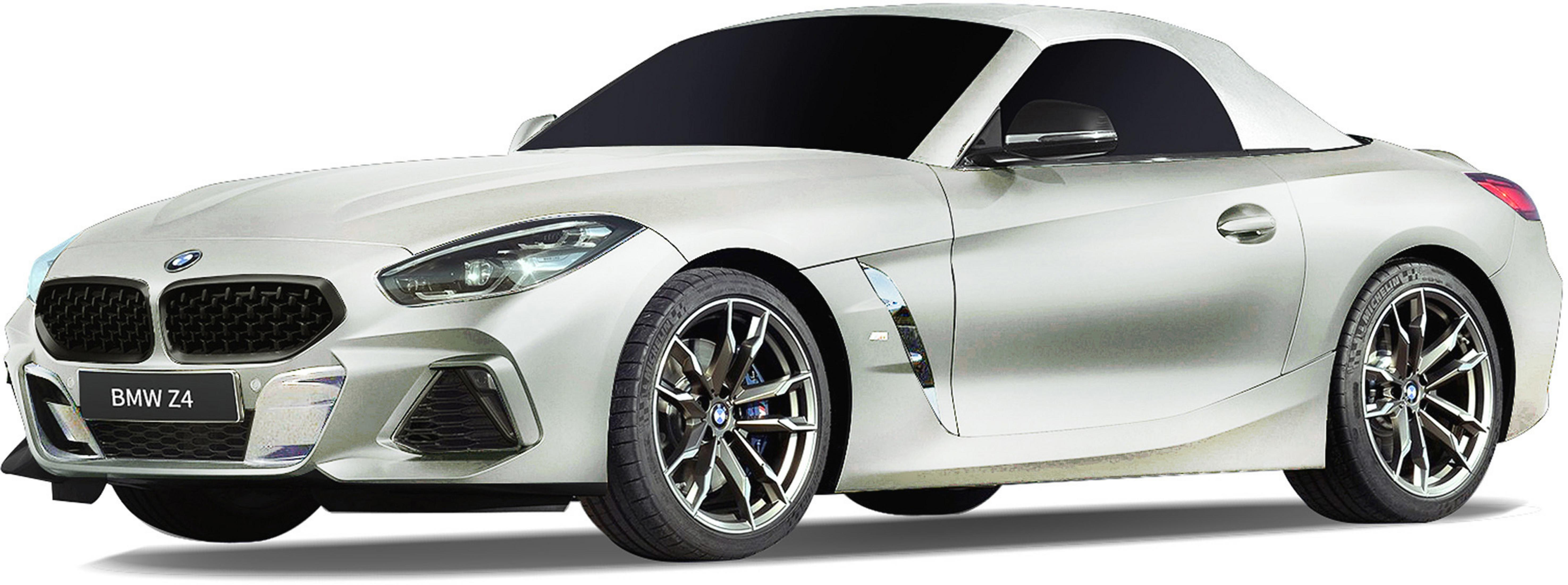 Ein silberner BMW Z4 Roadster mit geschlossenem Verdeck steht auf weißem Grund.