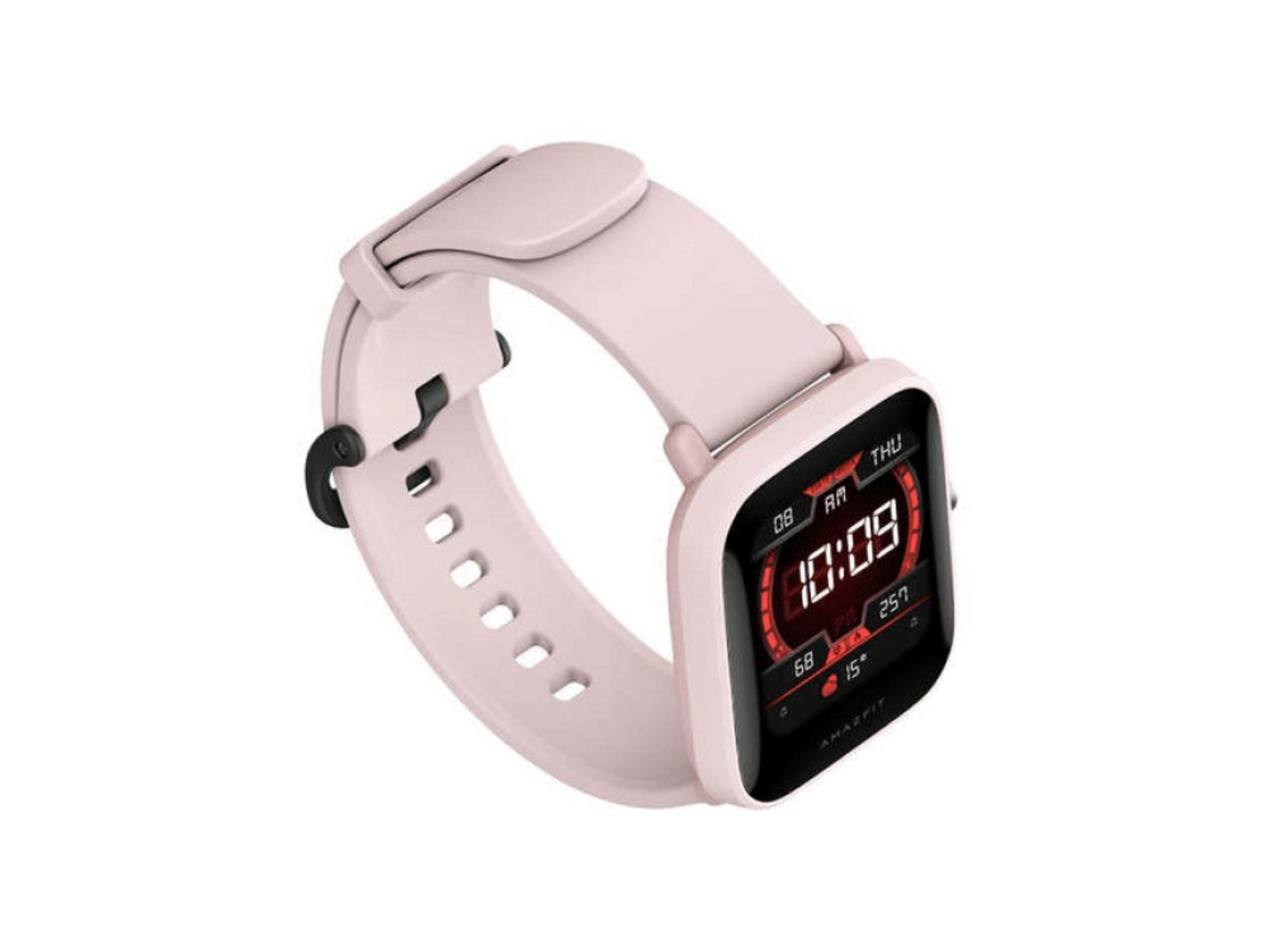 Uno smartwatch rosa con display quadrato che mostra le 10:09.