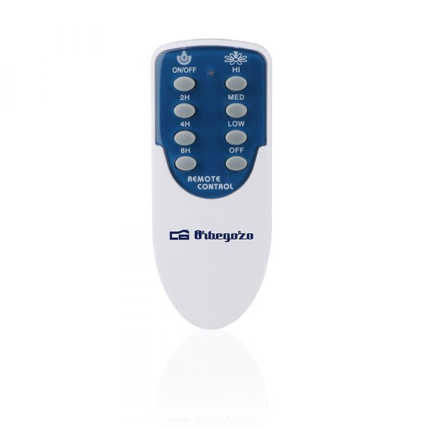 Mando a distancia blanco con botones azules para funciones de ventilador como encendido/apagado, temporizador, velocidades.