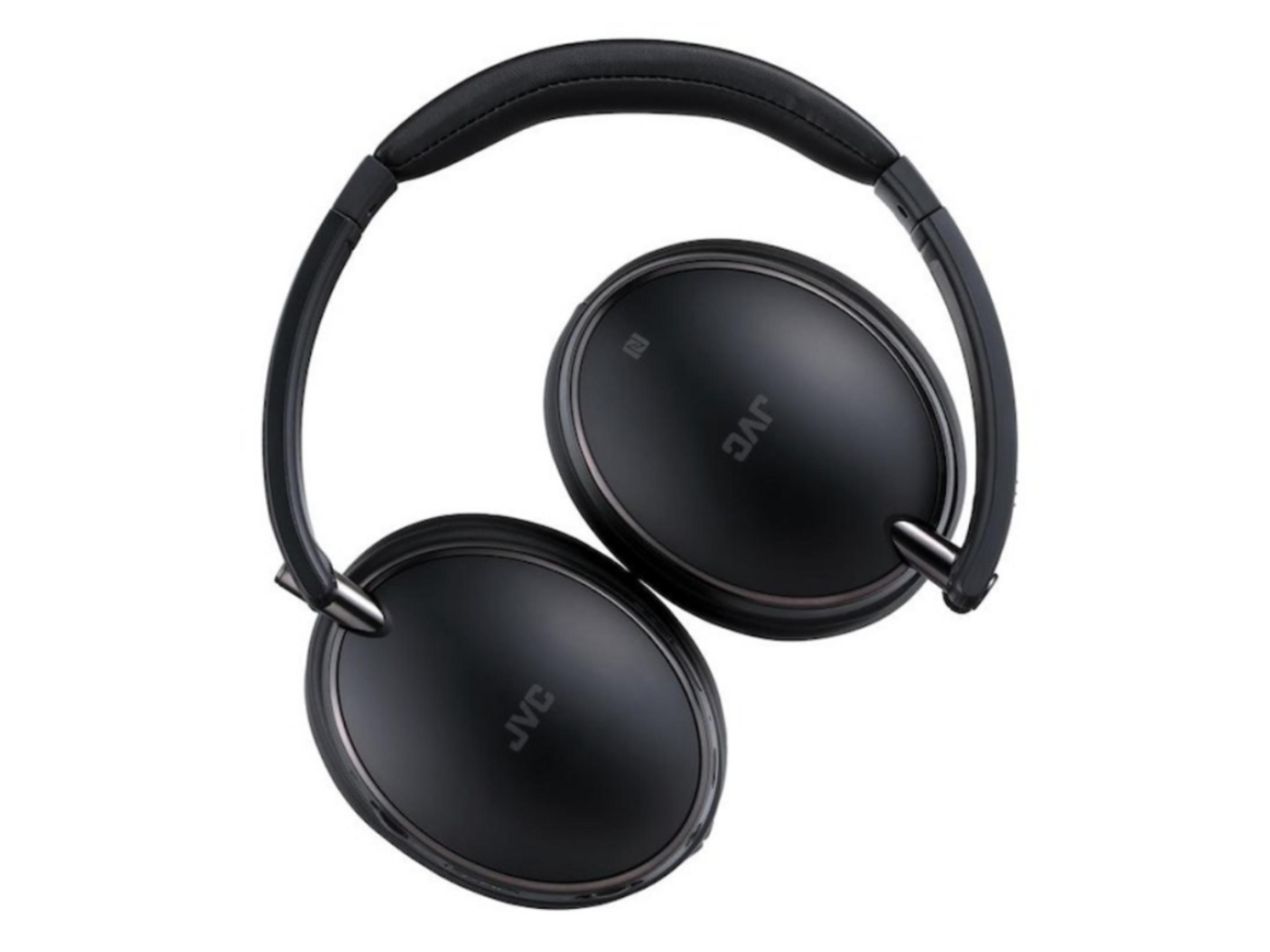 Auriculares JVC negros con diadema acolchada y almohadillas redondas.
