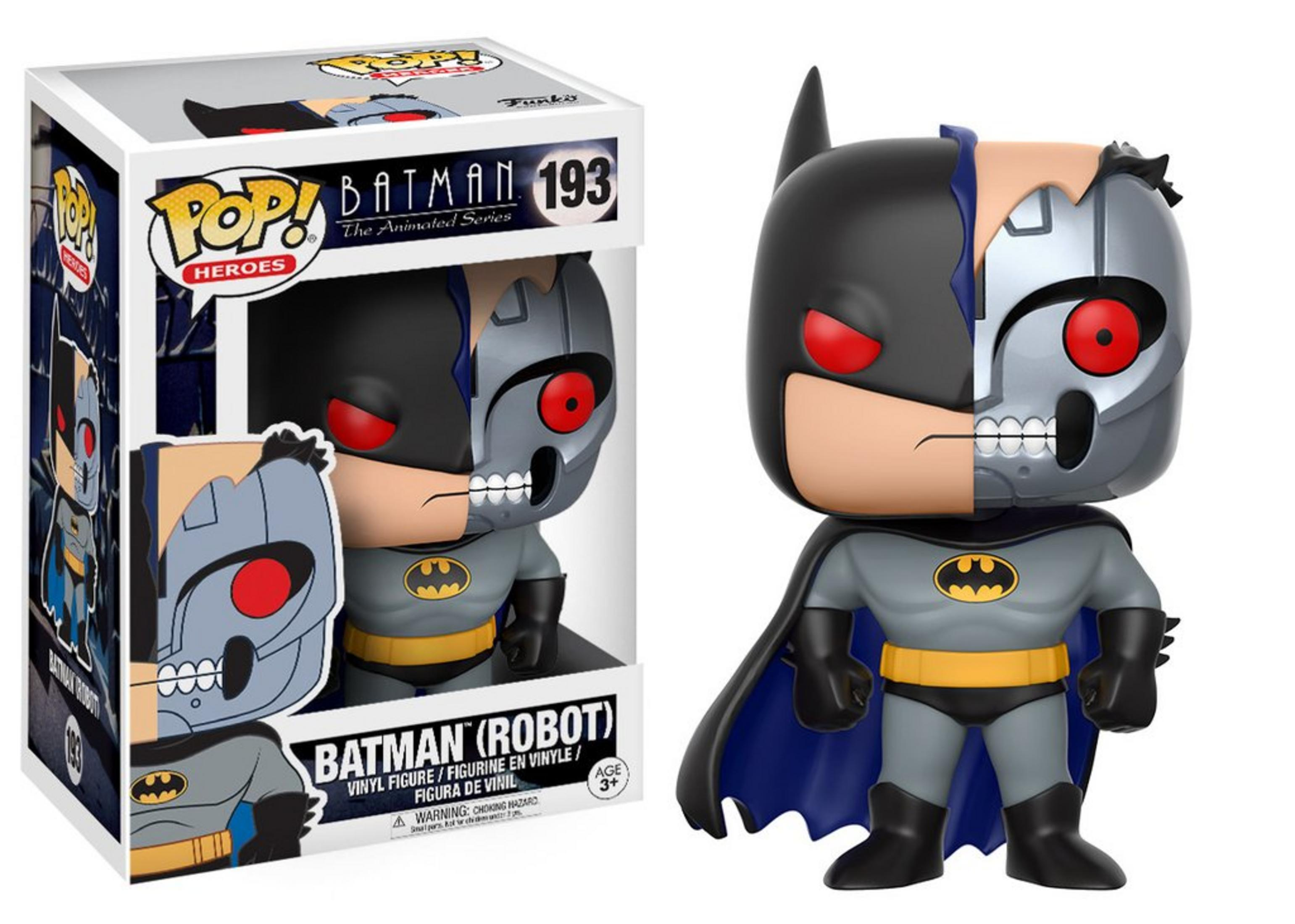 Funko Pop! Vinylfigur von Batman (Robot) mit halbem mechanischem Gesicht und roten Augen.