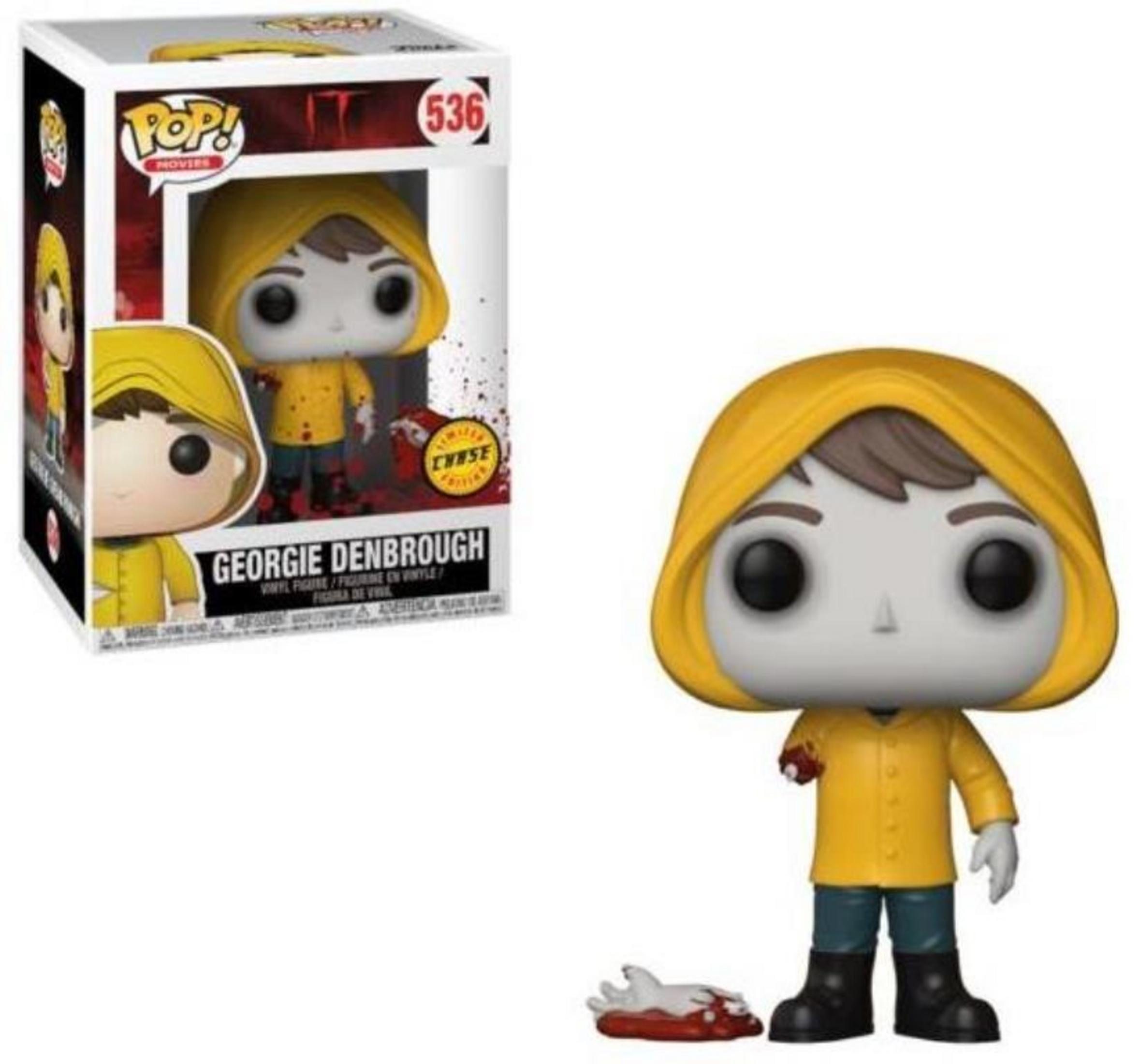 Funko Pop Georgie Denbrough in gelber Regenjacke, mit einer abgetrennten Hand.