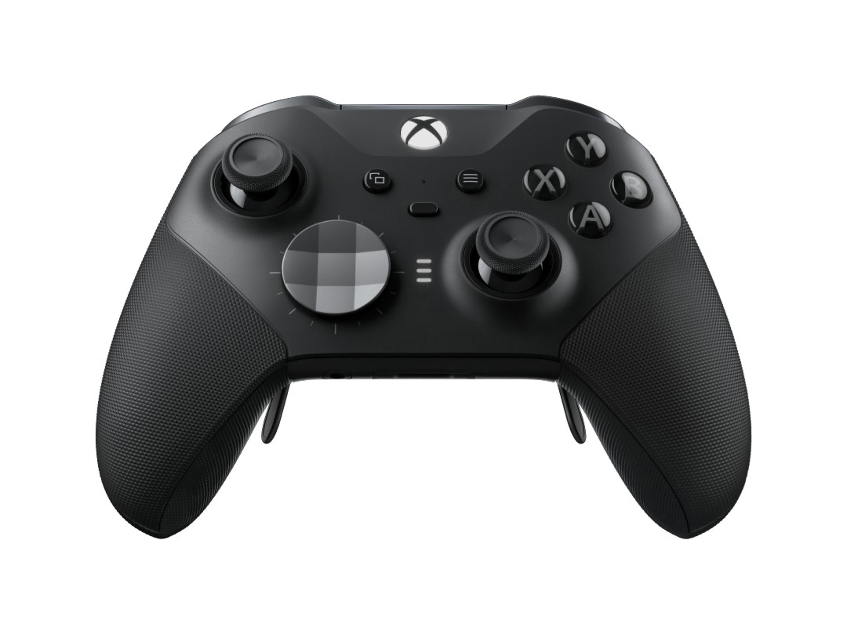 Czarny kontroler Xbox ze srebrnymi akcentami i przyciskami.