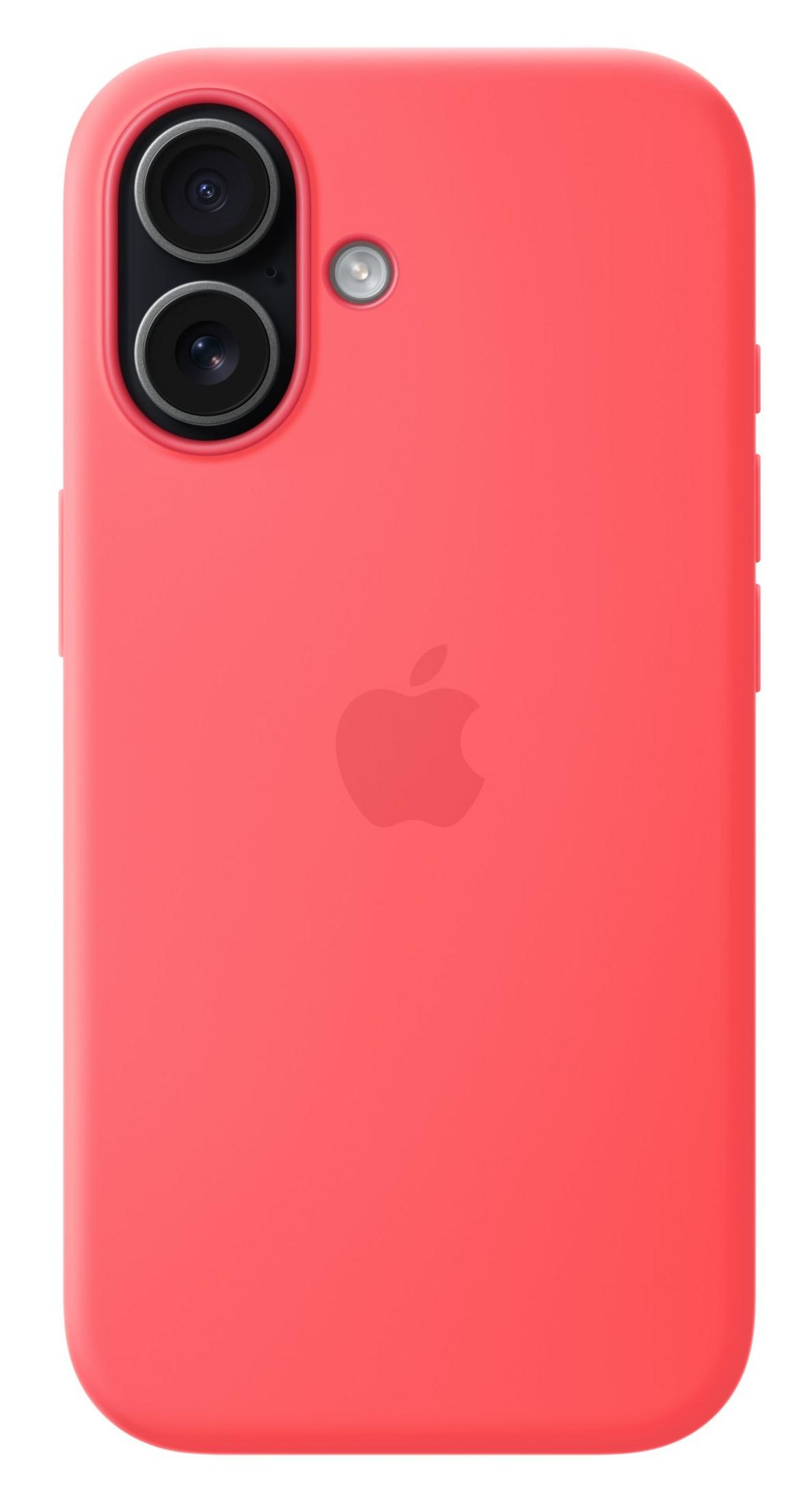 Custodia rossa per telefono con logo Apple e ritaglio fotocamera.