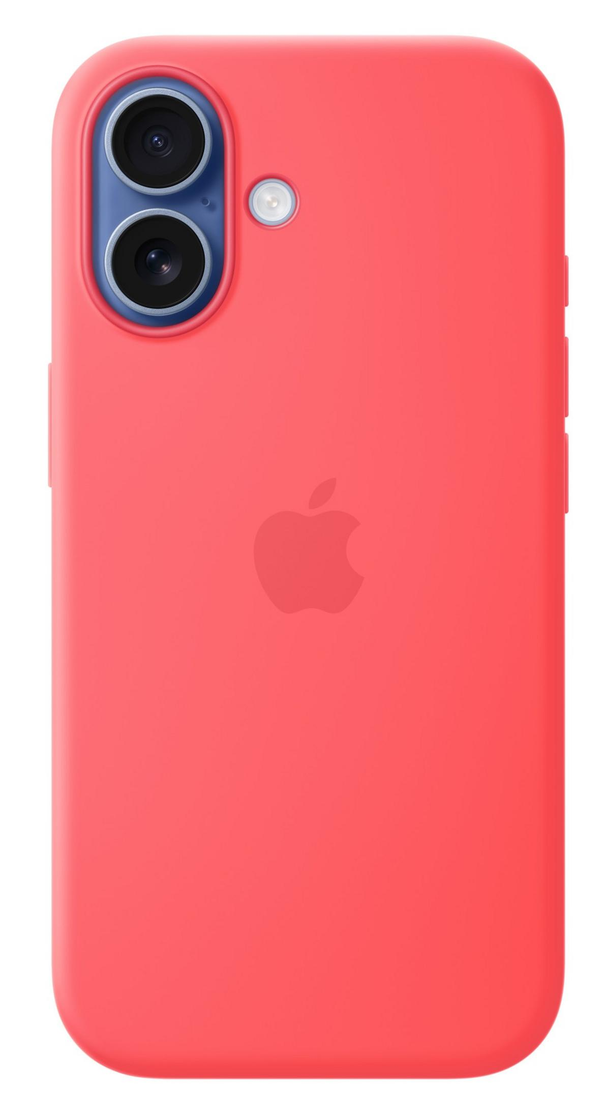 Custodia rossa per telefono con due fotocamere e flash. Logo Apple al centro.