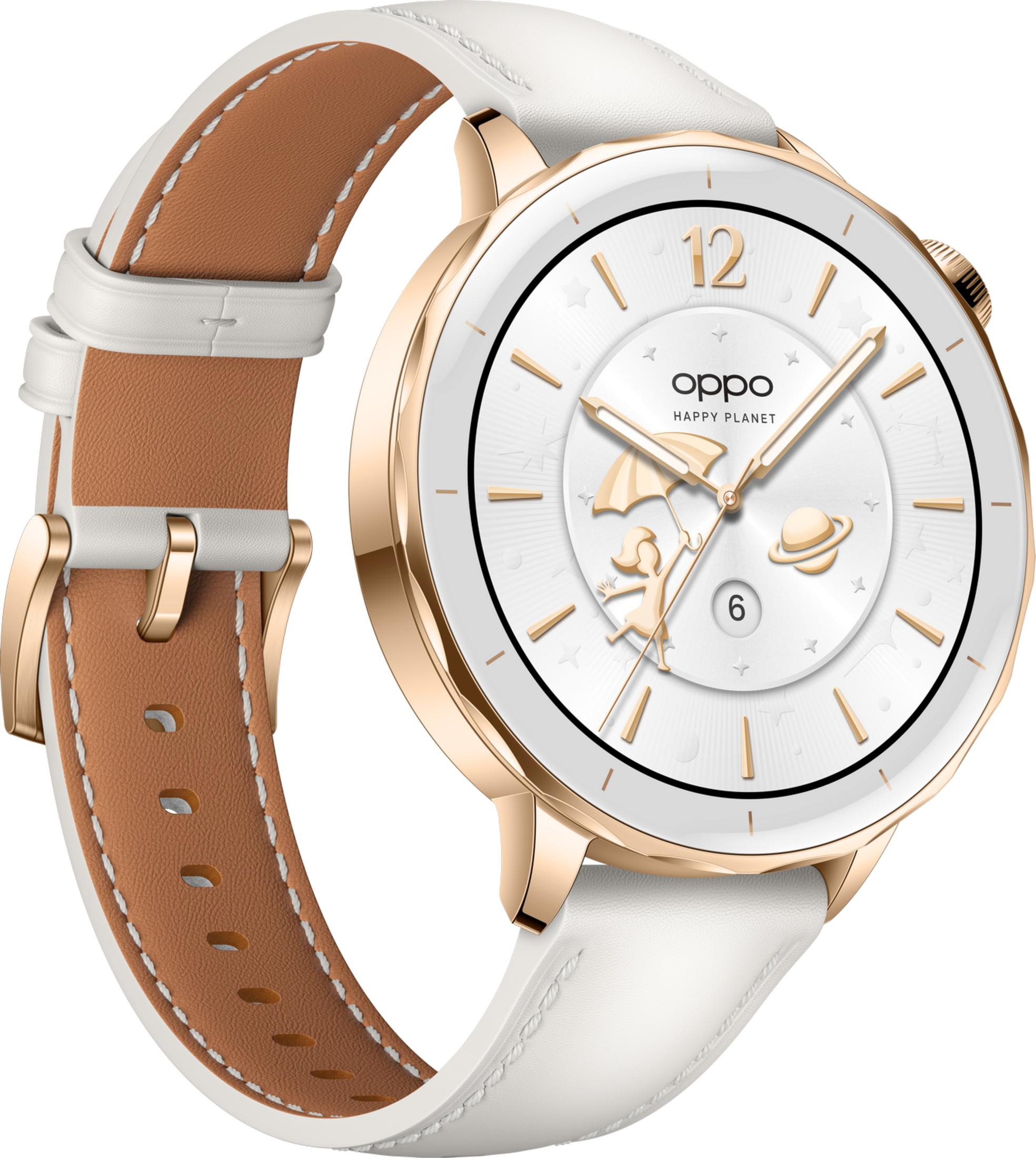 Un reloj inteligente blanco con caja de oro rosa y correa de cuero marrón.
