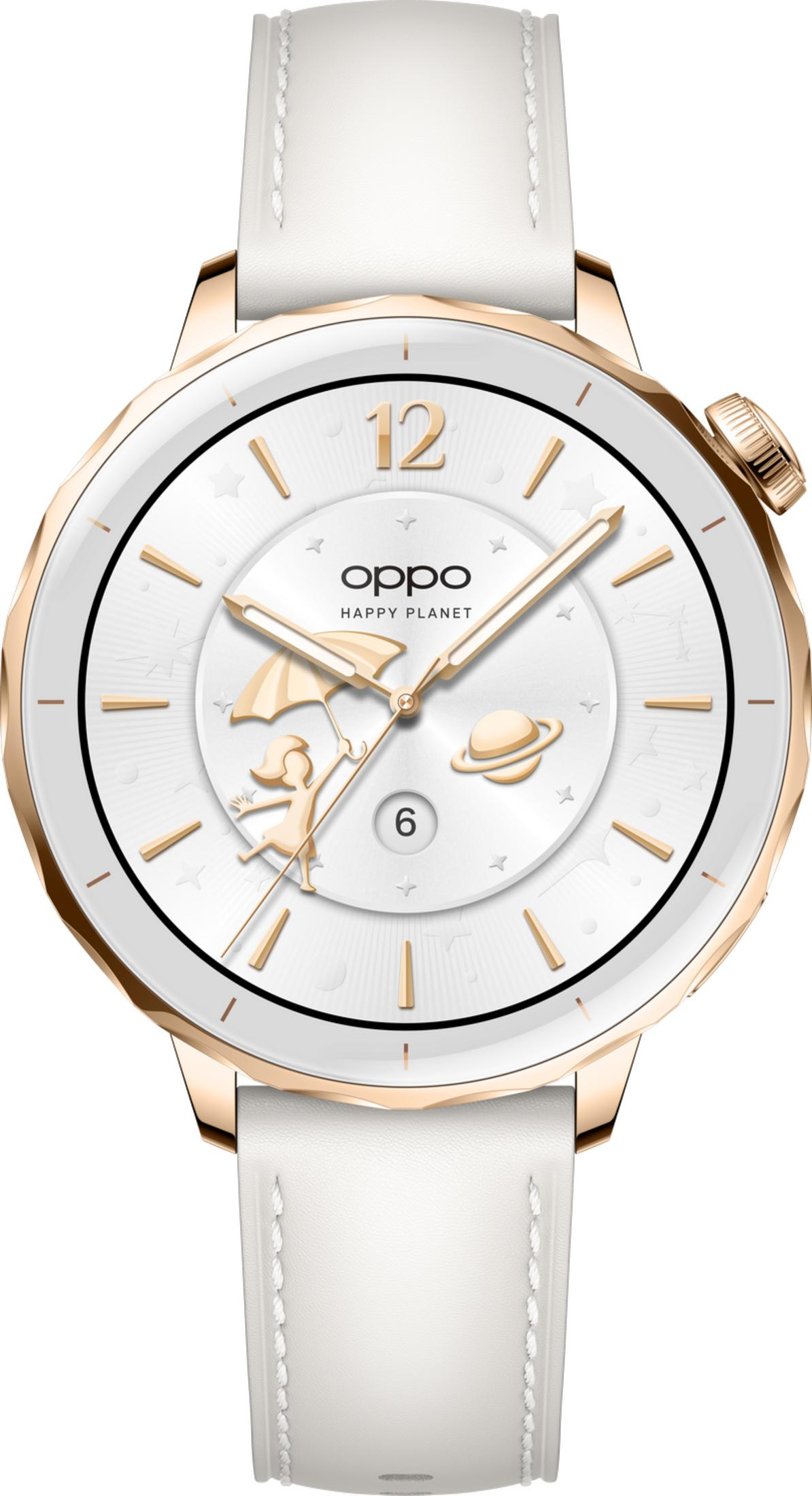 Reloj Oppo blanco con detalles dorados. Presenta una niña con paraguas y gráfico de planeta.