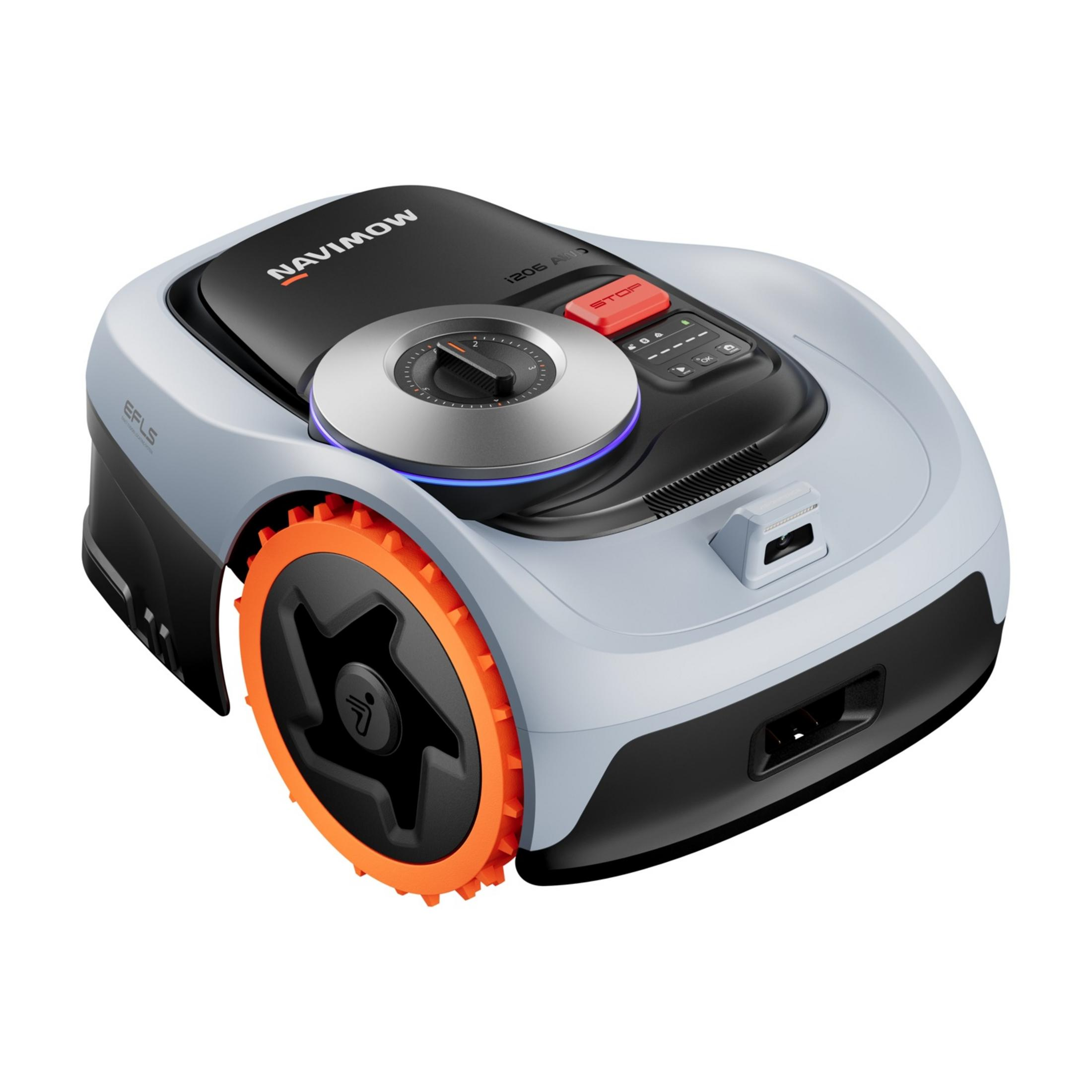 Een grijze robotgrasmaaier met oranje wielen en een rode stopknop.