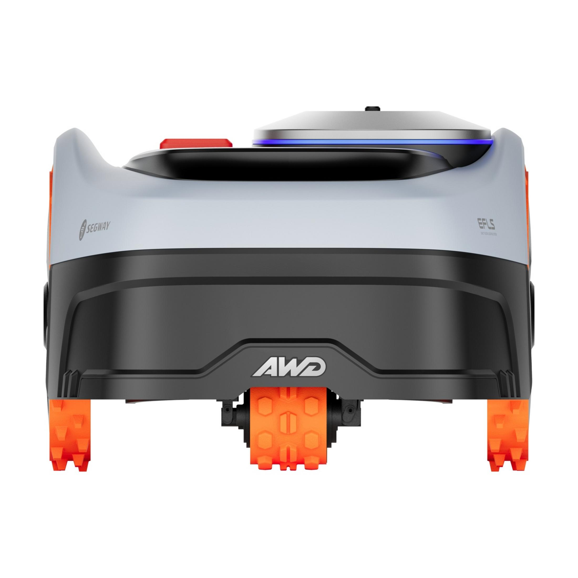 Een witte en grijze robotmaaier met oranje wielen en blauwe verlichting.