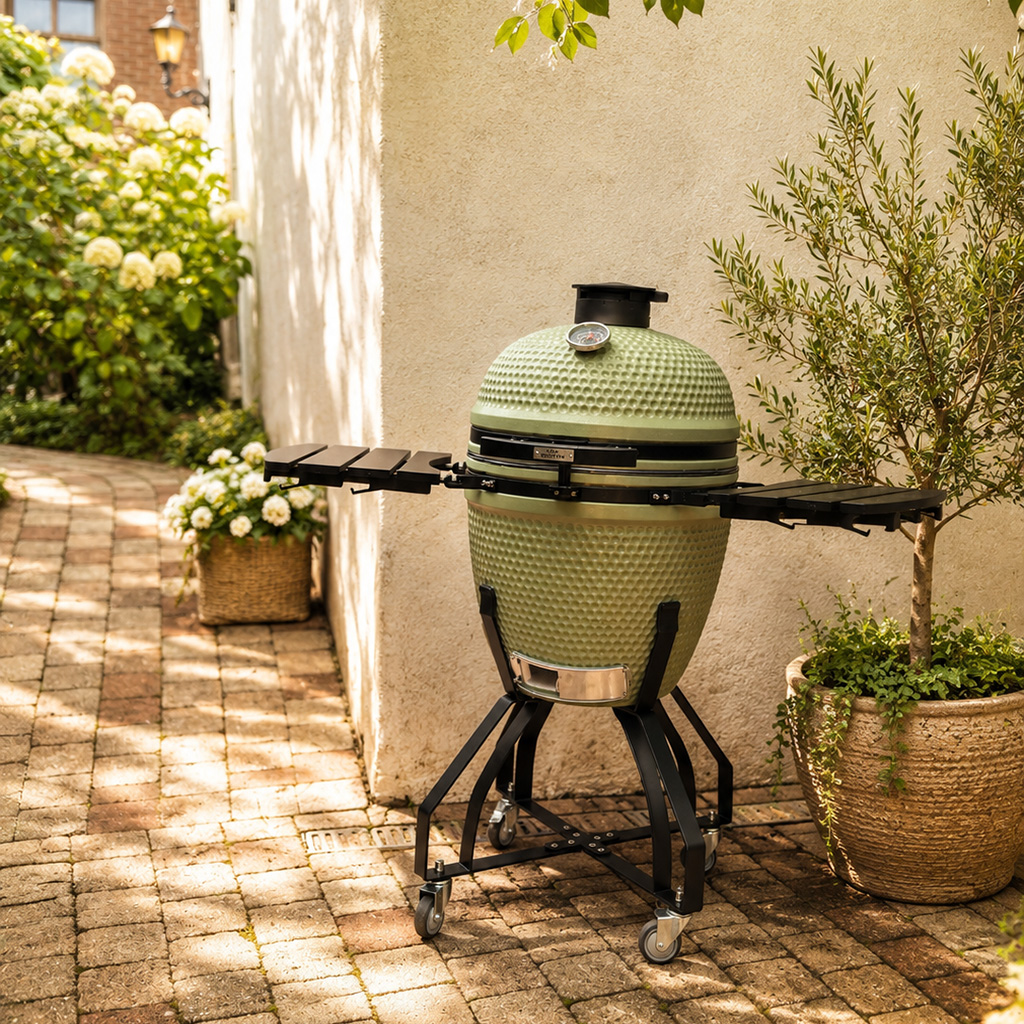 A green ceramic grill sits on a paved path next to an olive tree.