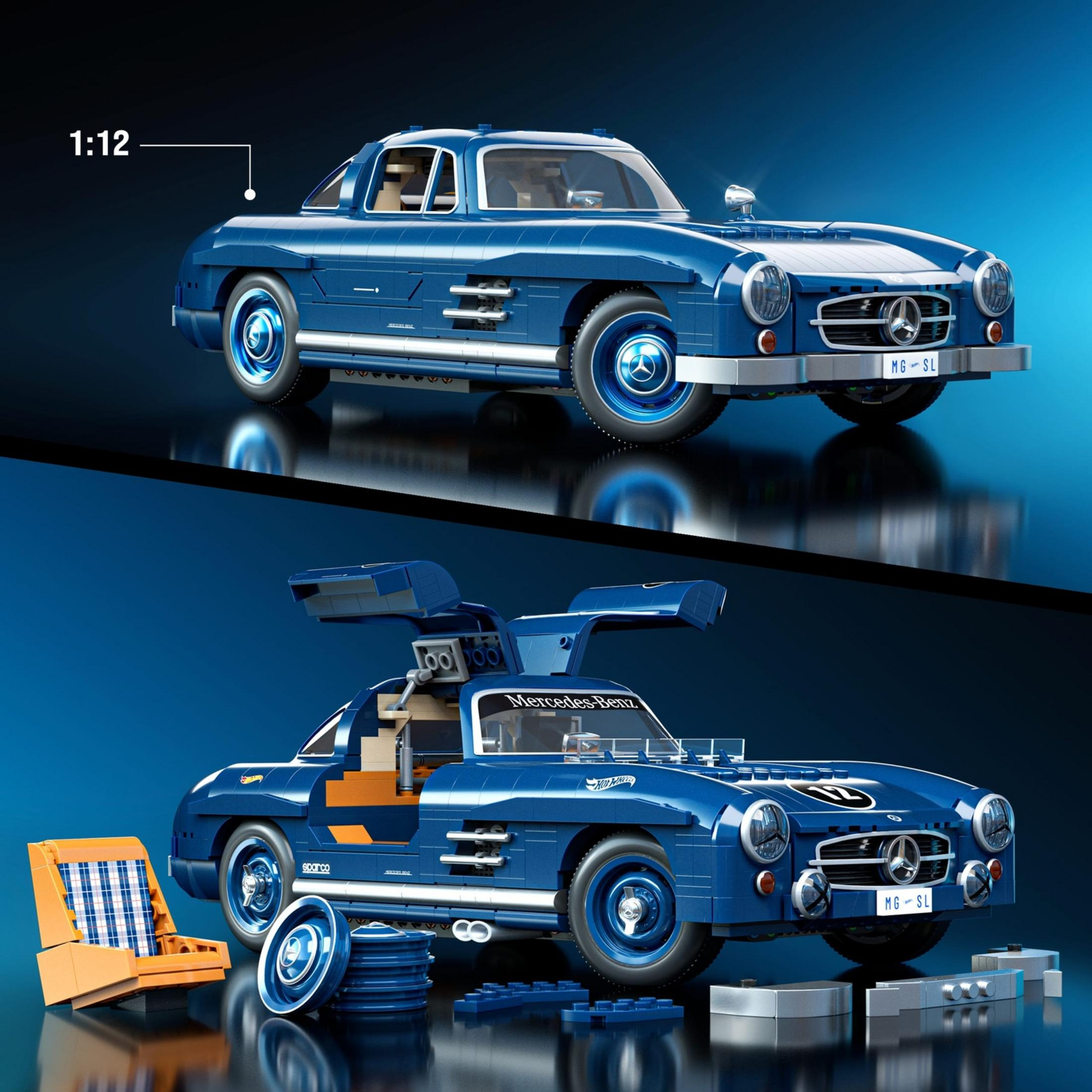 Mercedes LEGO azul con puertas de ala de gaviota, asiento, neumáticos y ladrillos.
