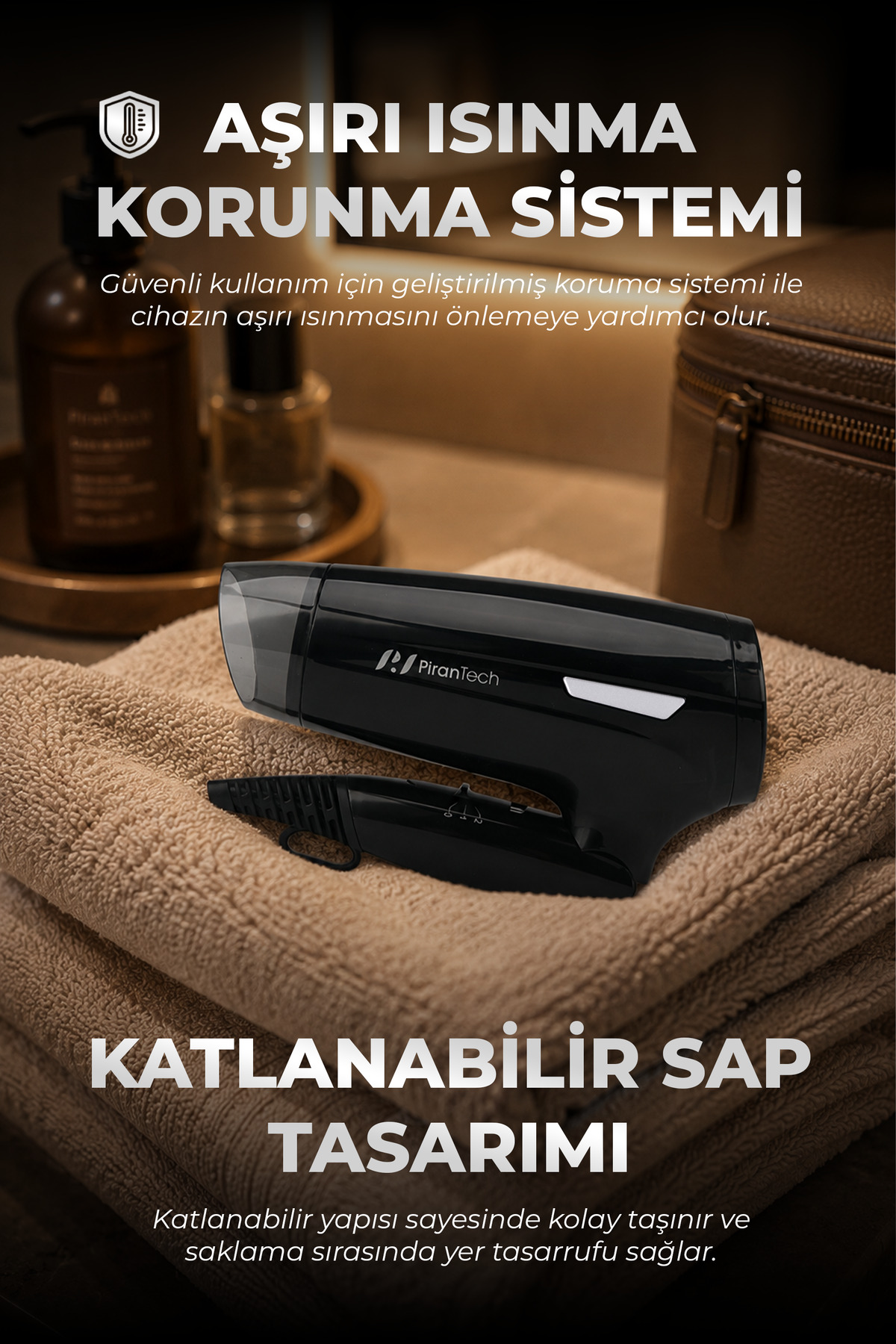 Siyah saç kurutma makinesi, kahverengi havlular üzerinde, aşırı ısınma koruması metniyle.