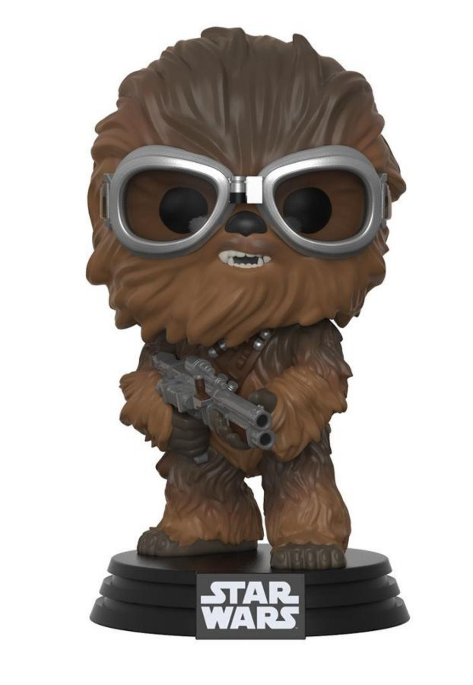 Chewbacca-Figur mit Brille und Blaster, auf Star Wars Sockel.