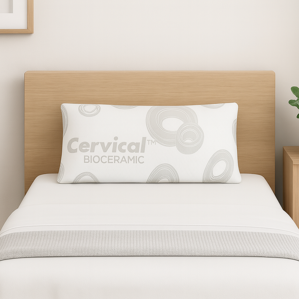 Una almohada blanca con patrones circulares grises y texto "Cervical BIOCERAMIC" en una cama.