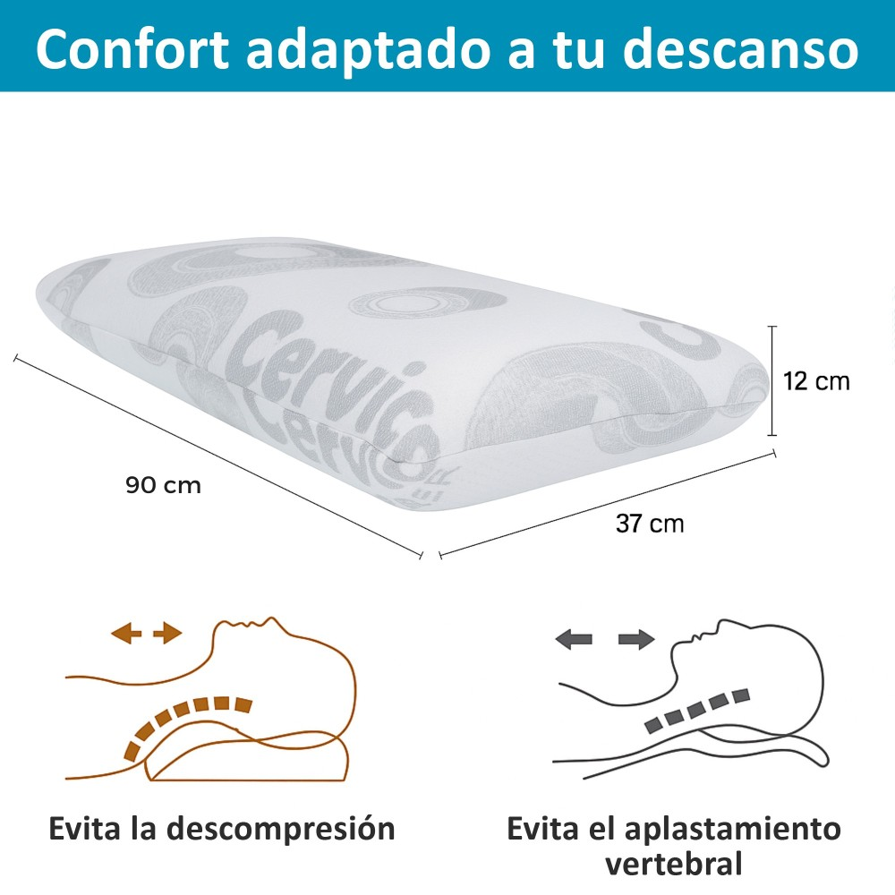 Una almohada blanca con patrones grises, dimensiones 90x37x12 cm.